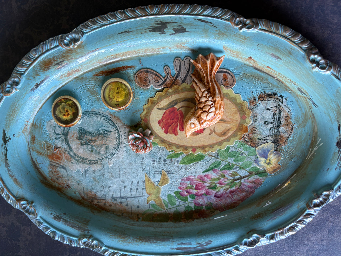 Garden Songbird Tray — Upcycled  Mixed-Media Decorative Art