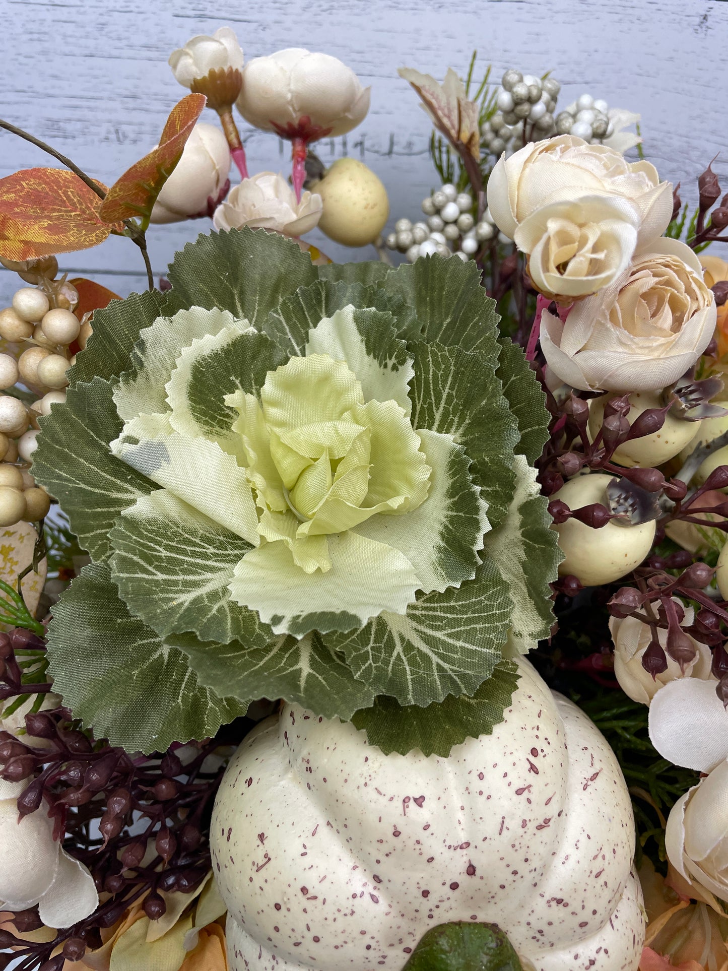 Neutral fall floral centerpiece, pumpkin and florals for autumn