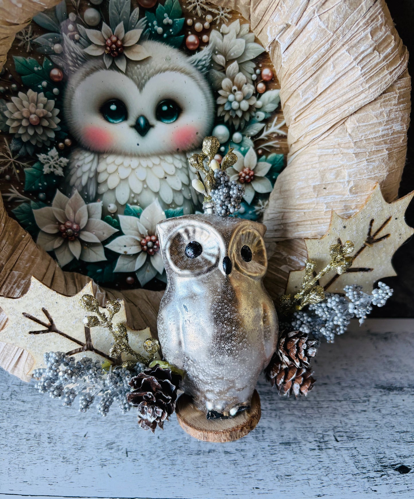 Winter Owl Cottage Wreath | Upcycled Vintage Ornament with Glam & Cottage Chic Style