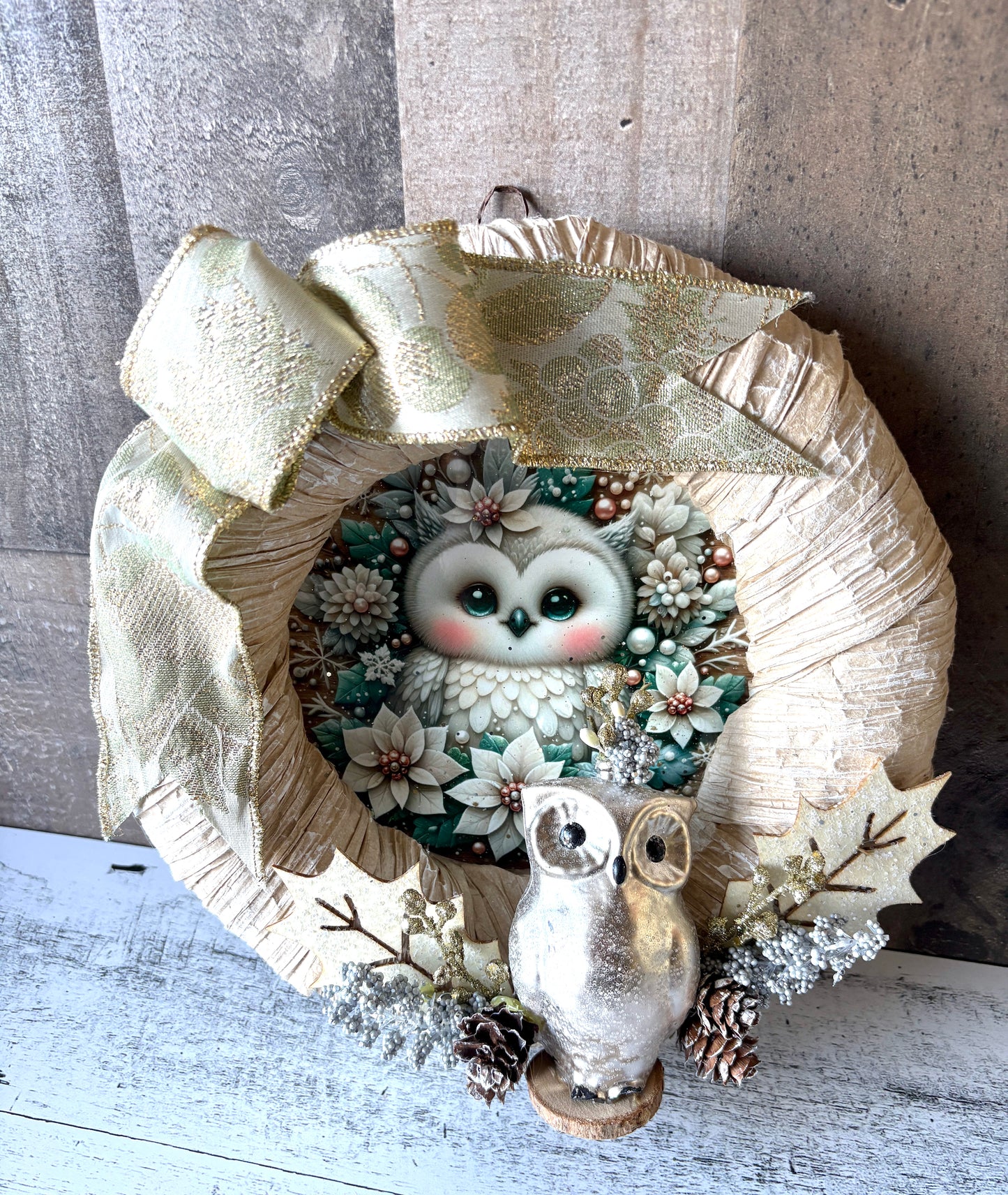 Winter Owl Cottage Wreath | Upcycled Vintage Ornament with Glam & Cottage Chic Style