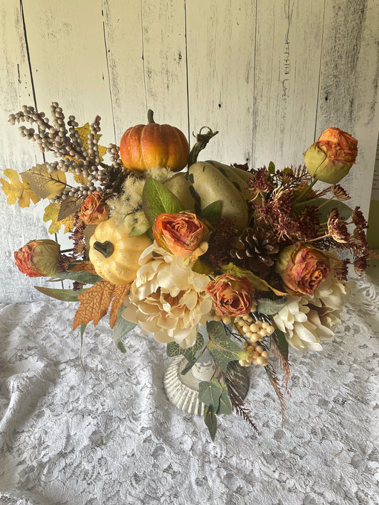 Fall Floral Arrangement with Gourds, Peonies & Pinecones in Vintage Metal Vase – Autumn Table or Mantel Decor