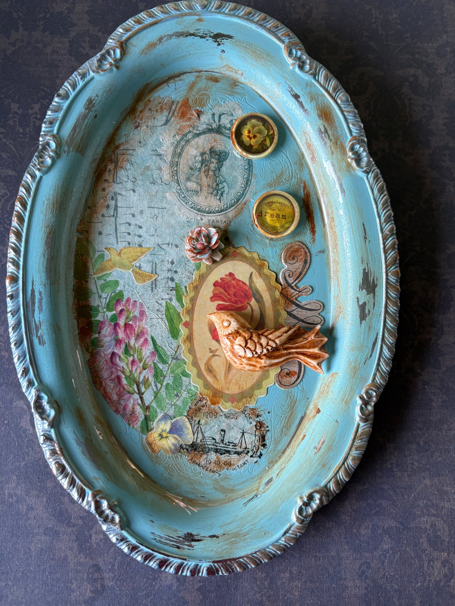 Garden Songbird Tray — Upcycled  Mixed-Media Decorative Art