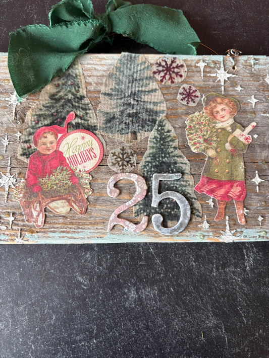 Victorian Winter Children Mixed Media Sign | Upcycled Picket Fence Christmas Decor