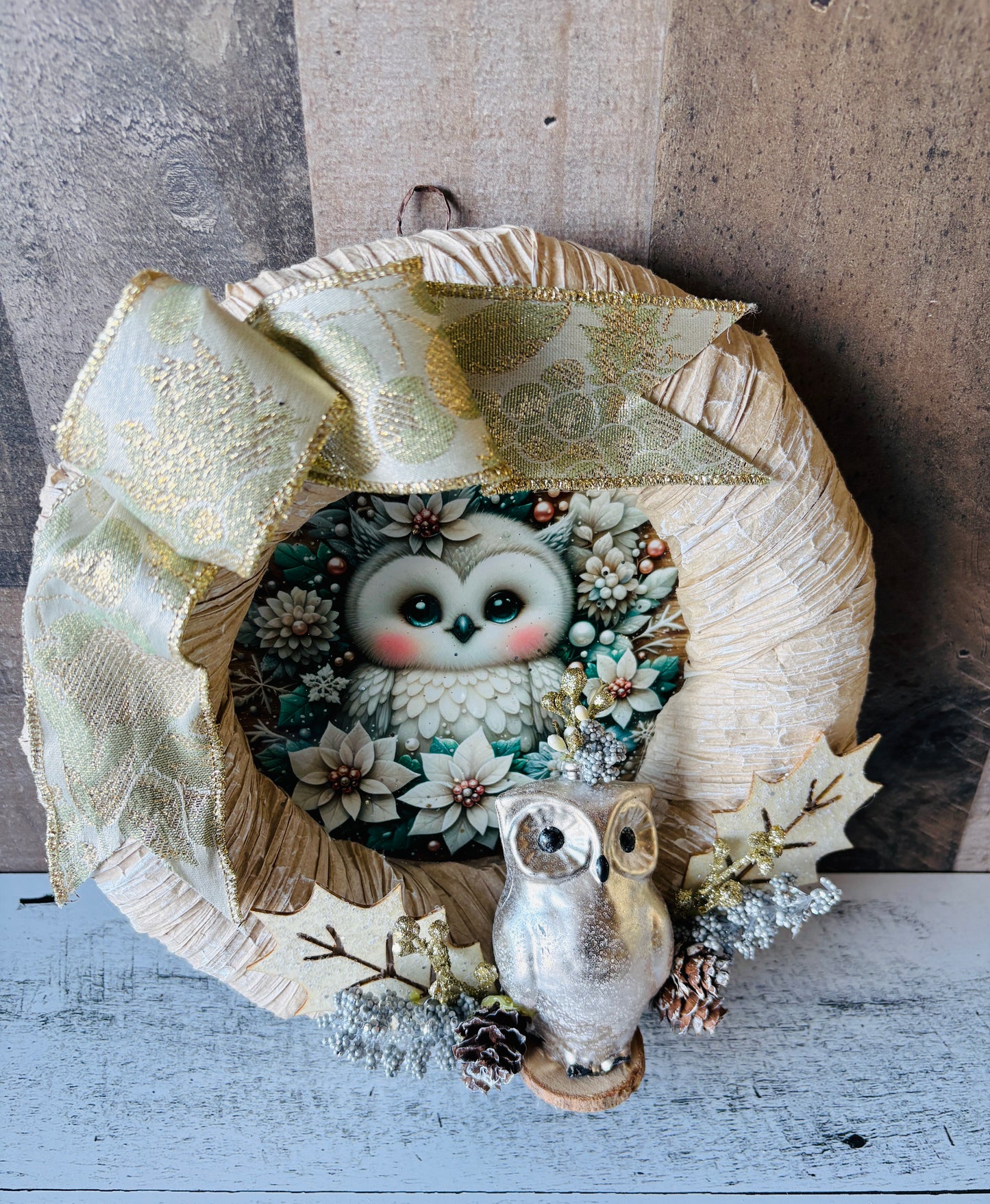 Winter Owl Cottage Wreath | Upcycled Vintage Ornament with Glam & Cottage Chic Style