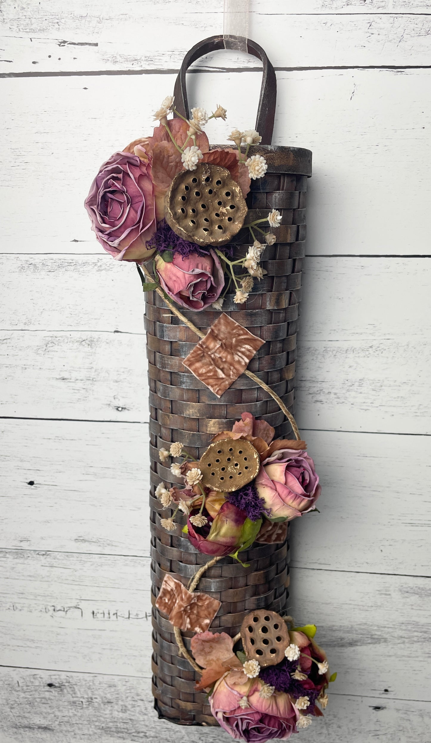 Rustic Wicker floral  Wall Hanging with  Pink Roses