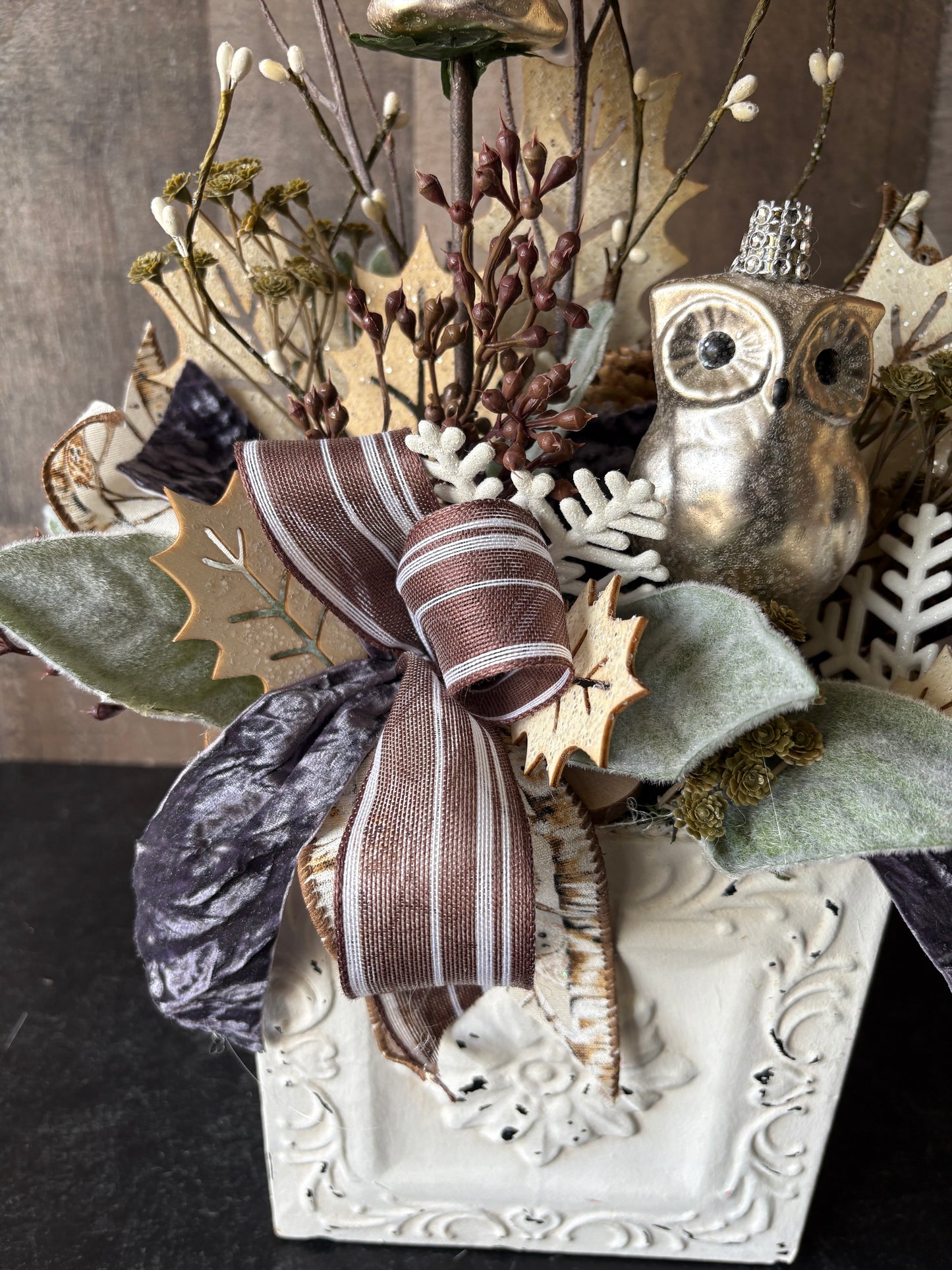 Winter Woodland Owl Arrangement – Metallic Owls, Velvet Ribbon & Holiday Greens