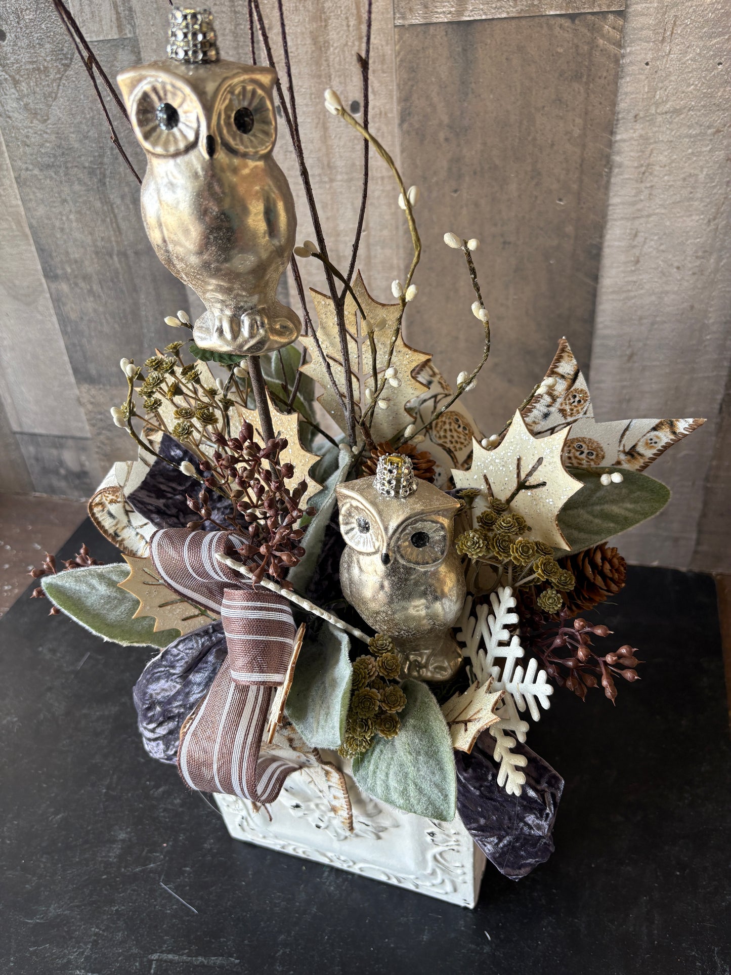 Winter Woodland Owl Arrangement – Metallic Owls, Velvet Ribbon & Holiday Greens