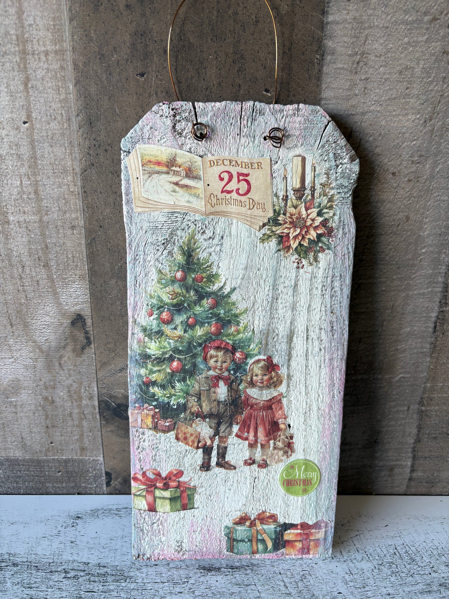 Vintage Christmas Wall Art | Upcycled Wooden Fence Piece with Decoupaged Holiday Scene