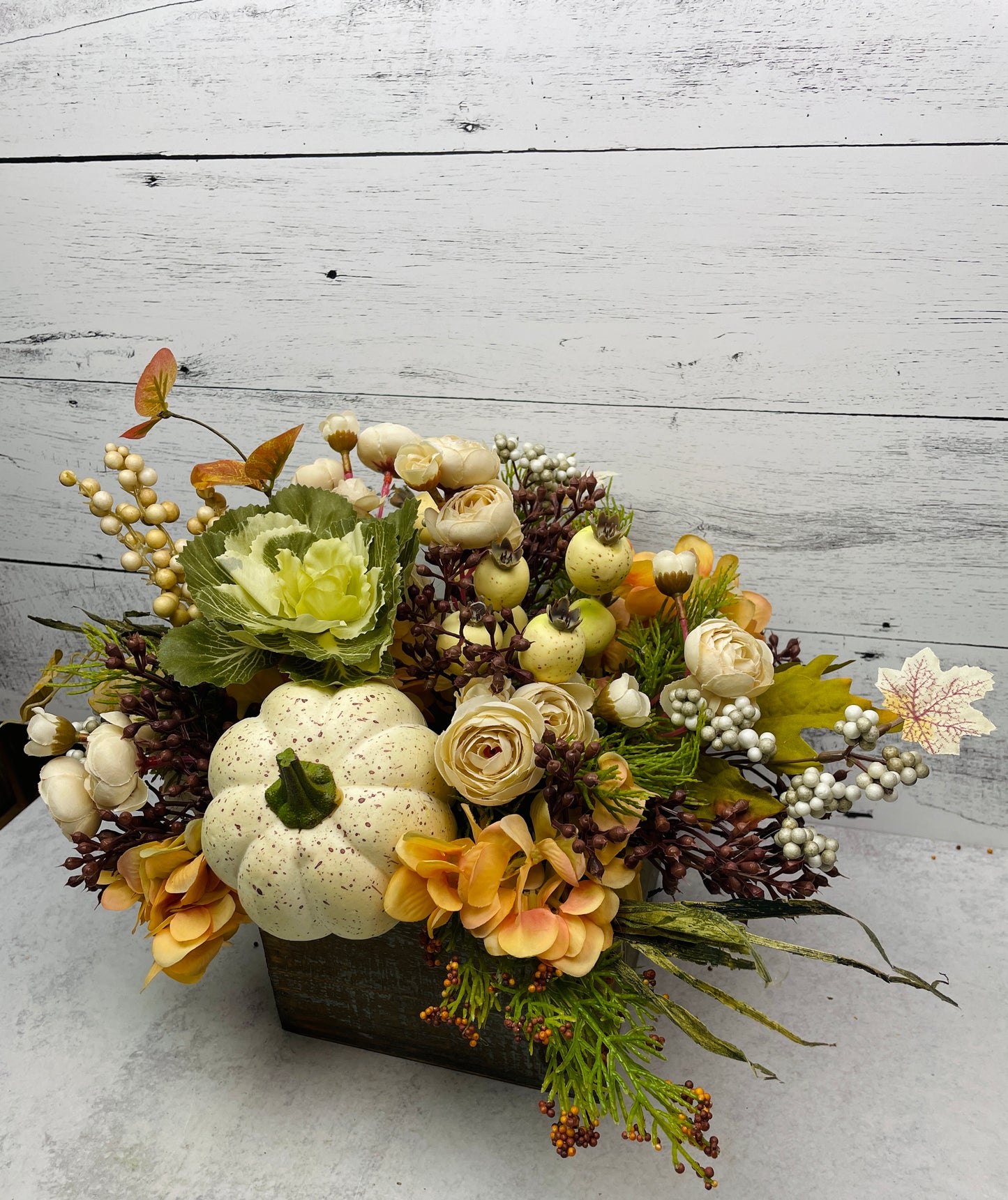 Neutral fall floral centerpiece, pumpkin and florals for autumn