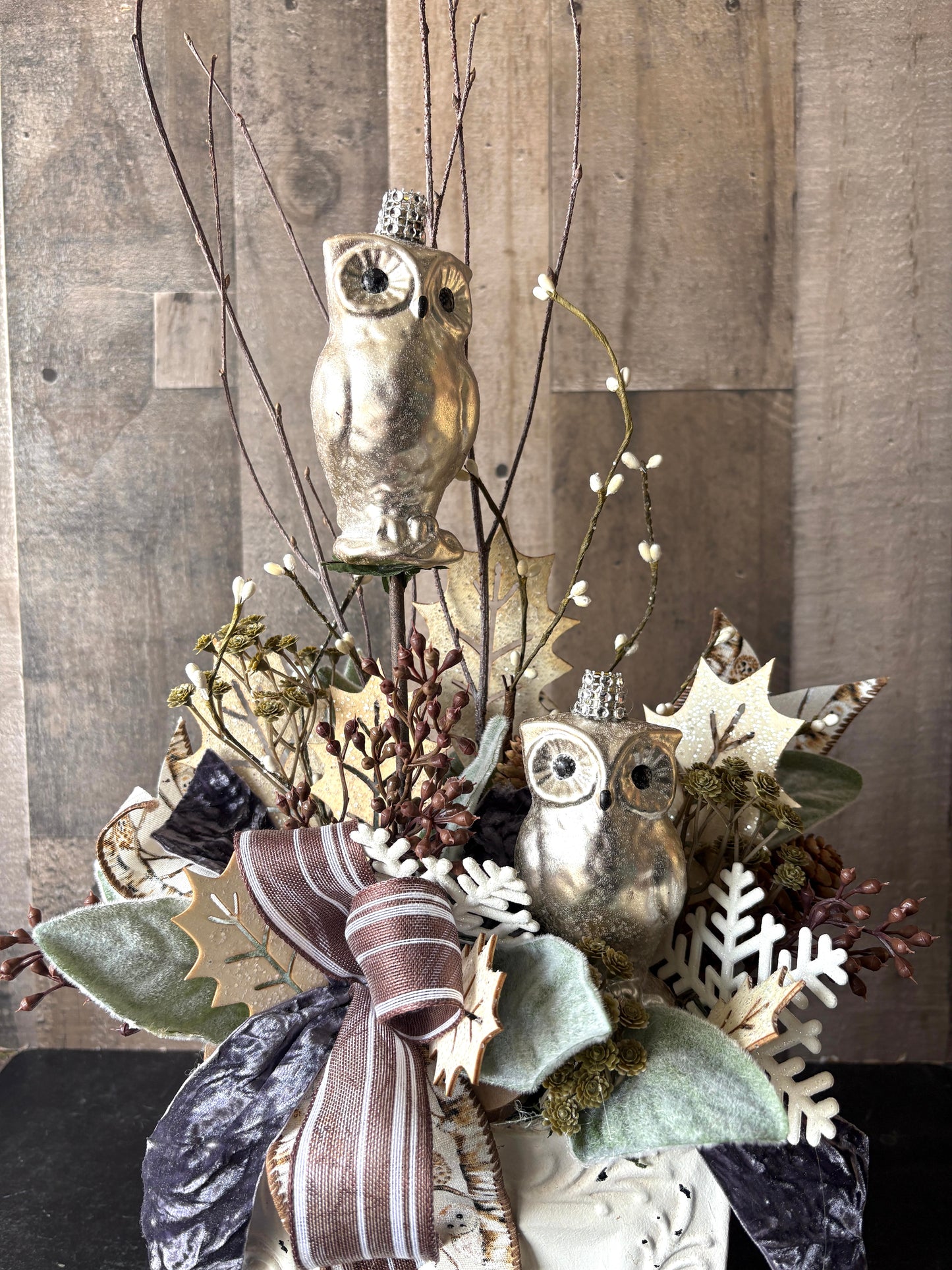 Winter Woodland Owl Arrangement – Metallic Owls, Velvet Ribbon & Holiday Greens