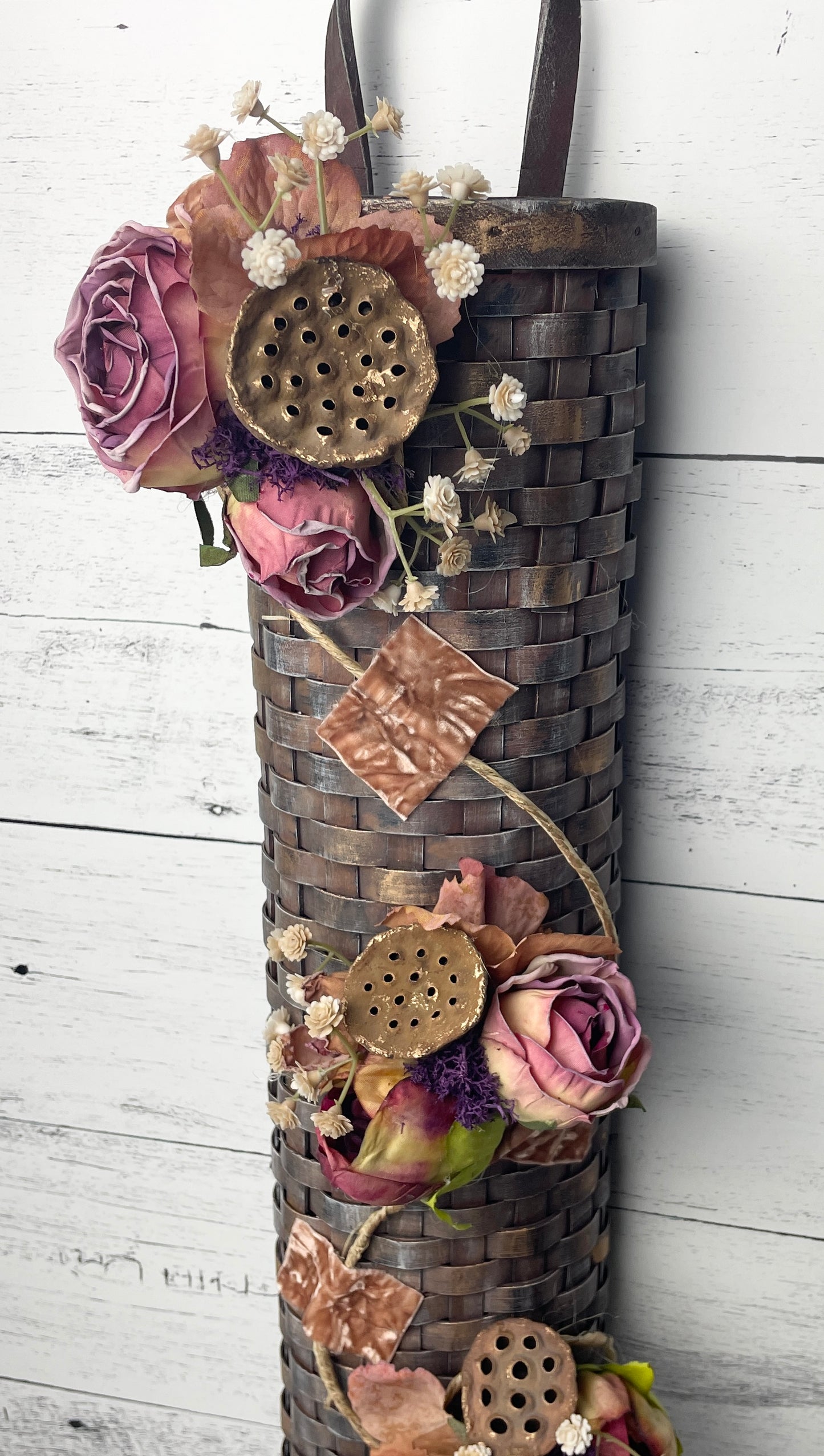 Rustic Wicker floral  Wall Hanging with  Pink Roses