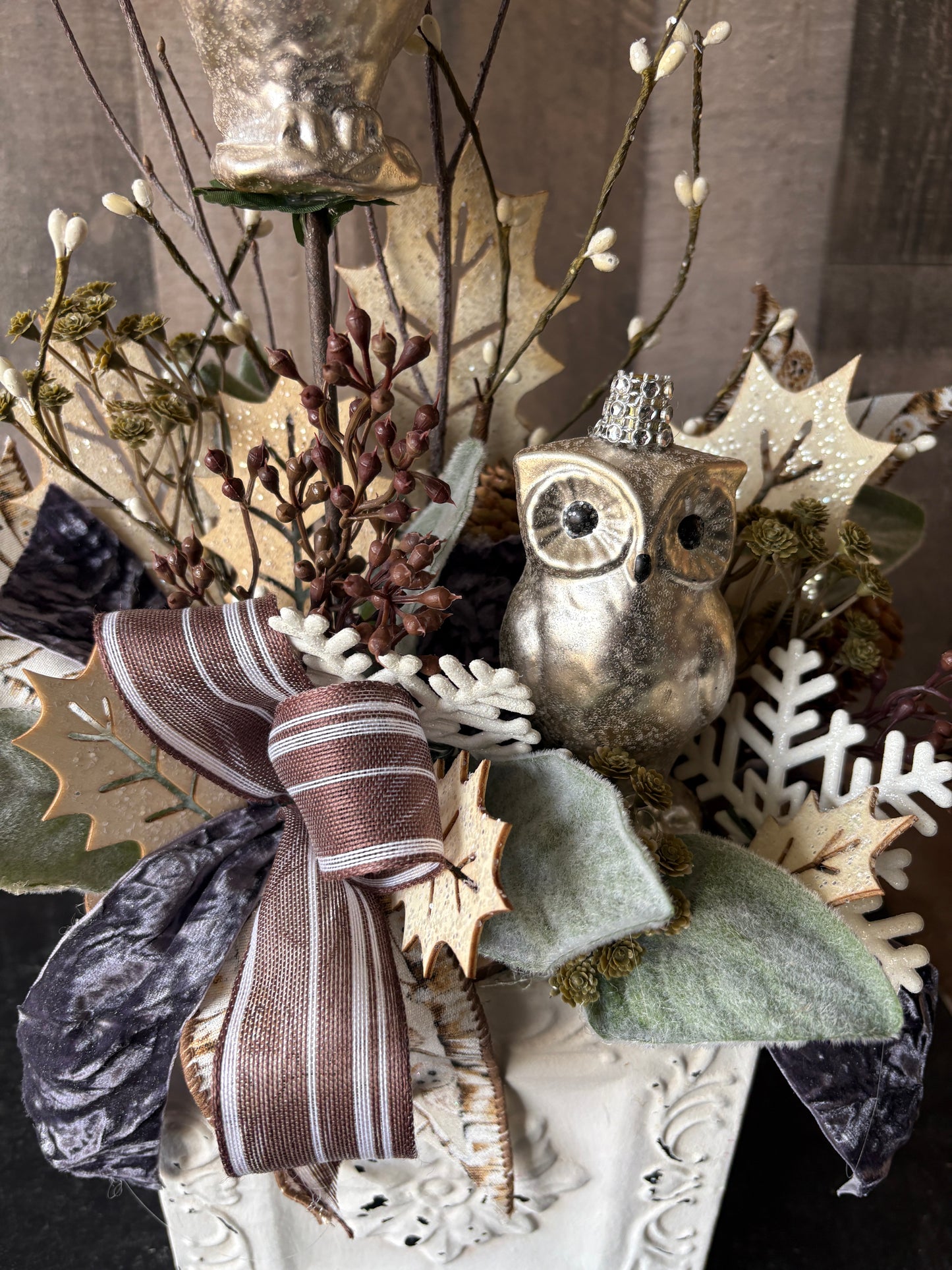 Winter Woodland Owl Arrangement – Metallic Owls, Velvet Ribbon & Holiday Greens