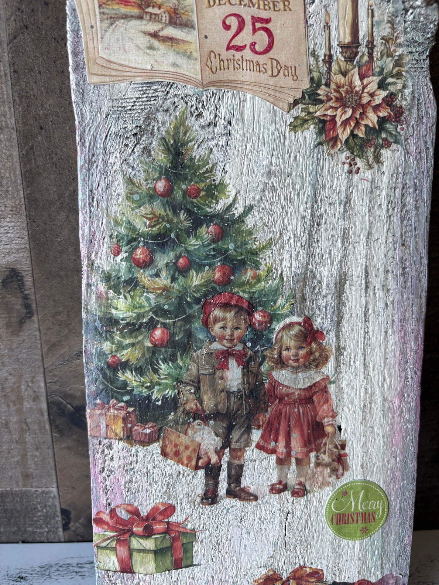 Vintage Christmas Wall Art | Upcycled Wooden Fence Piece with Decoupaged Holiday Scene