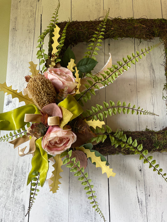 Square Moss Garden Wreath with Protea, Garden Roses & Velvet Ribbons – Cottagecore Floral Door Decor