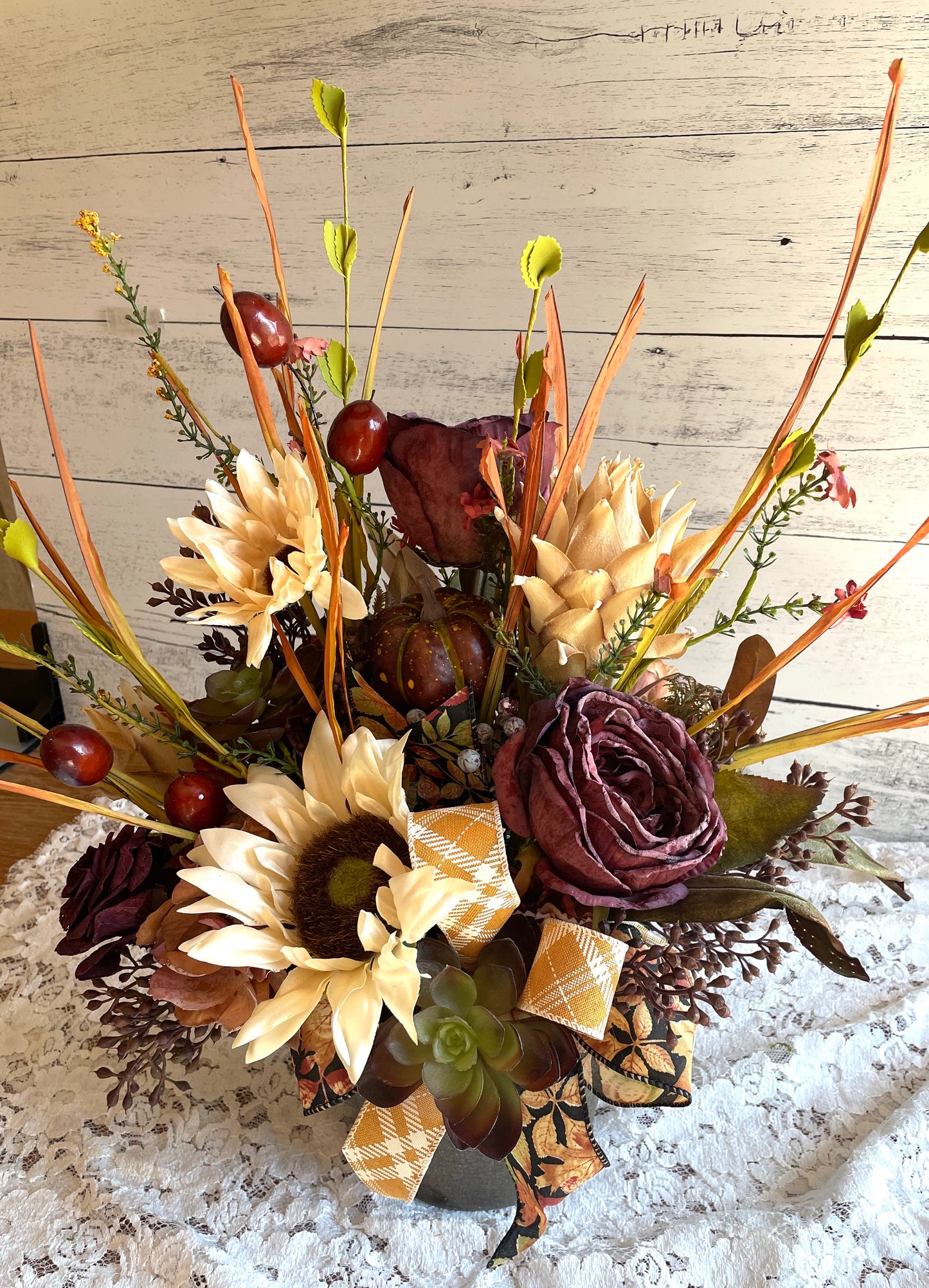 Autumn Harvest Floral Arrangement – Sunflower & Burgundy Rose Centerpiece