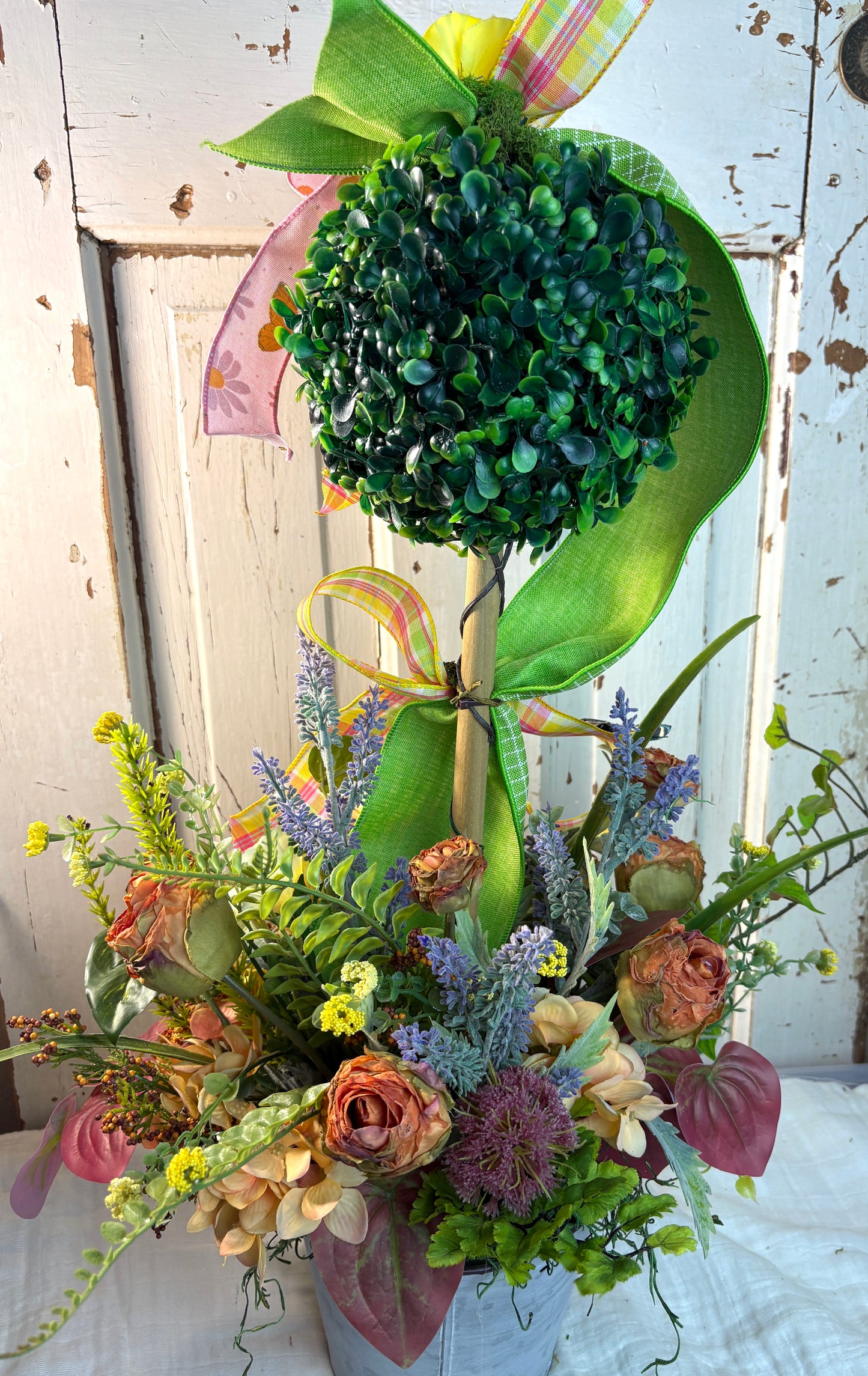 Whimsical Spring Floral Topiary with Butterflies & Ribbon | Garden-Inspired Home Decor