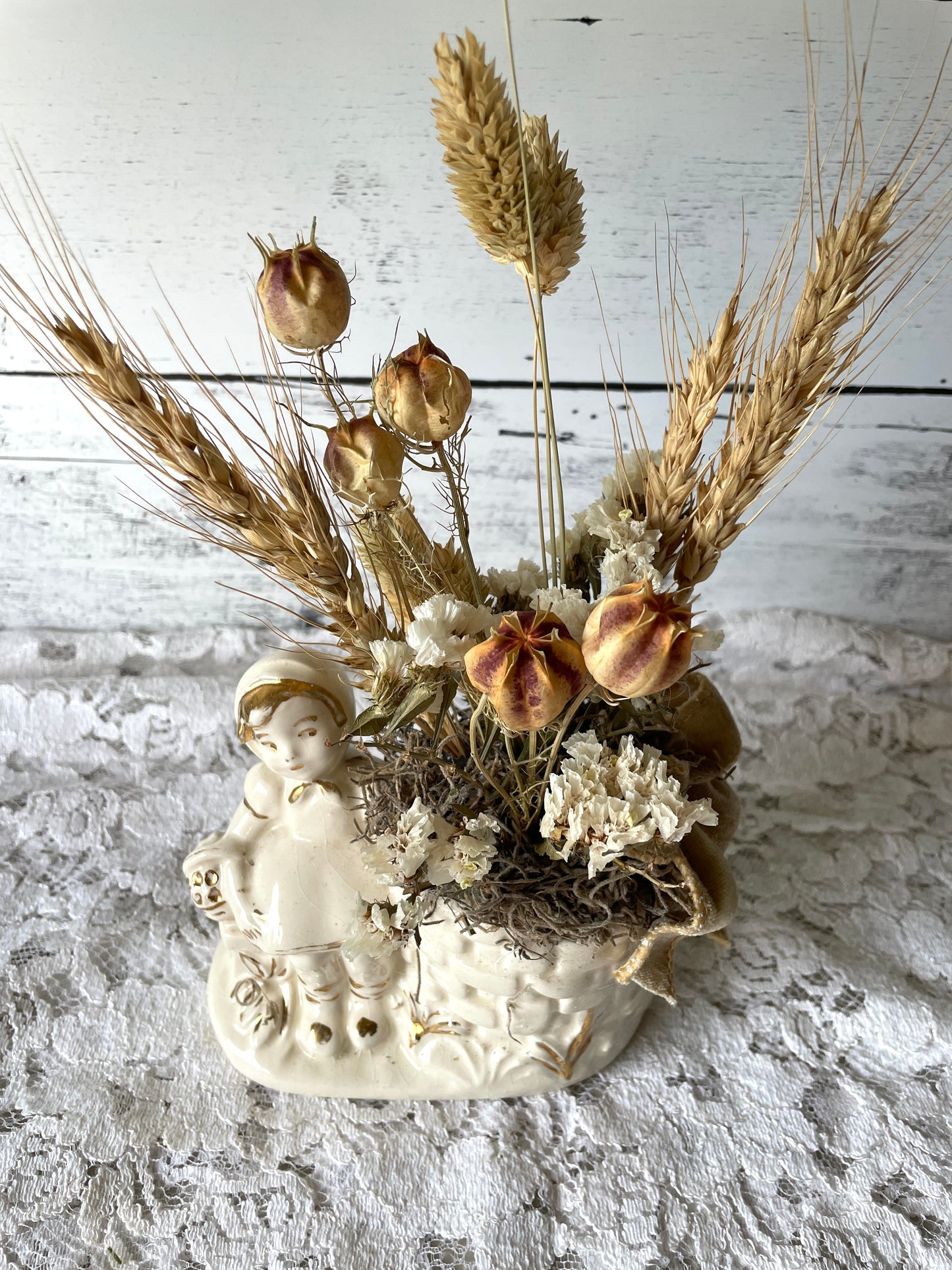 Vintage Girl Planter with Dried Floral Arrangement – Cottagecore & Rustic Home Decor