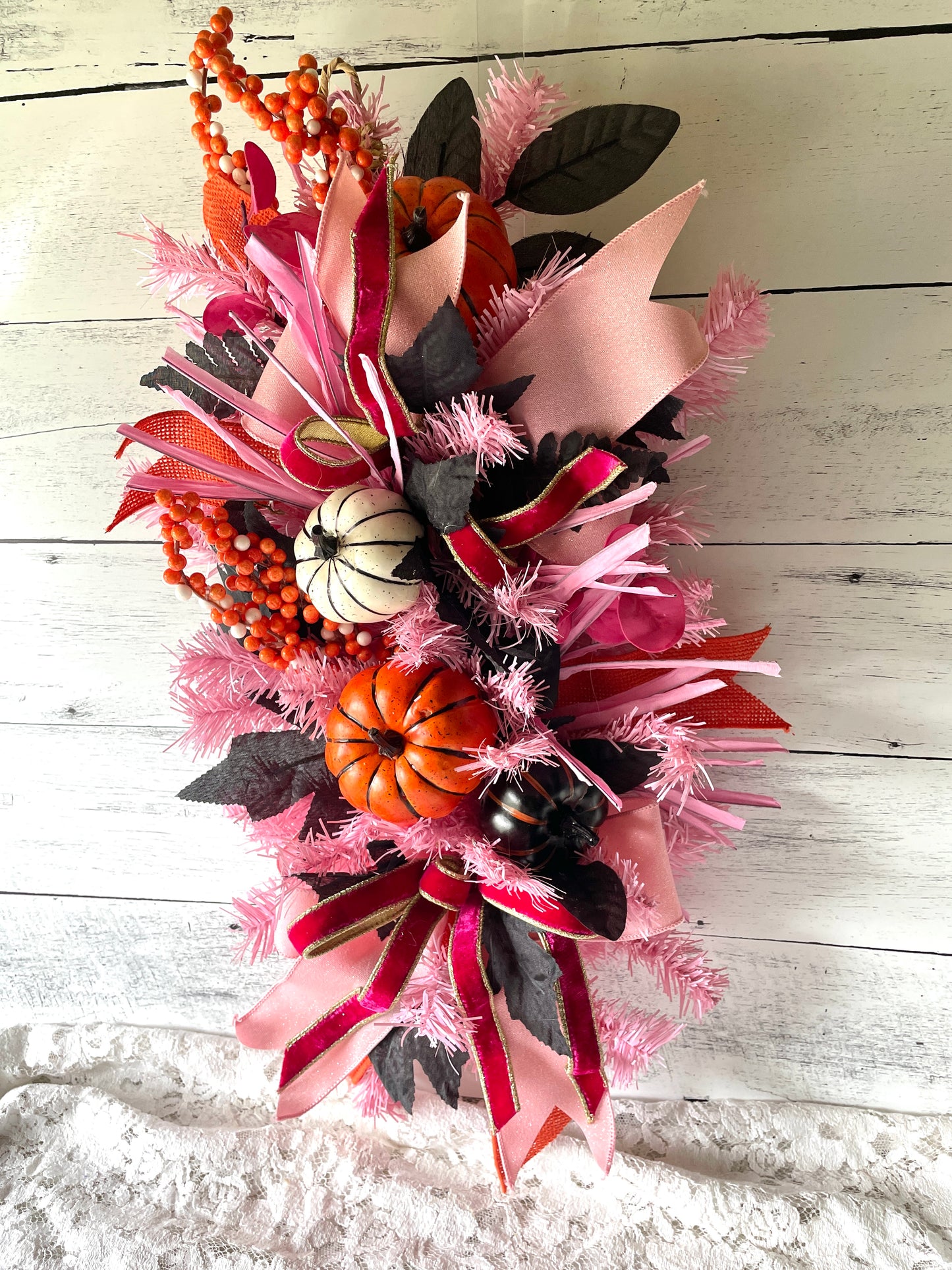 Whimsical pink and black halloween floral swag