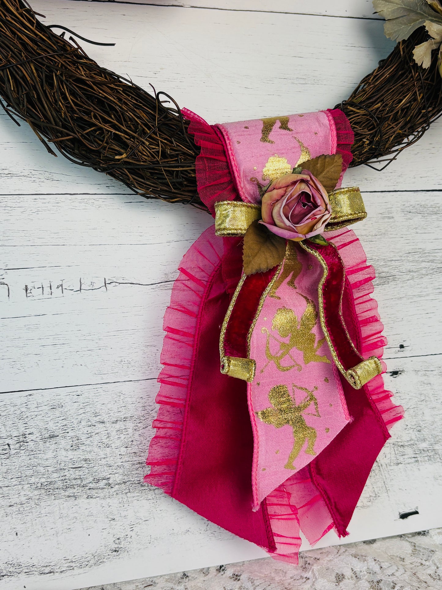 Whimsical Valentine Heart Wreath – Handcrafted Pink & Red Grapevine Door Decor