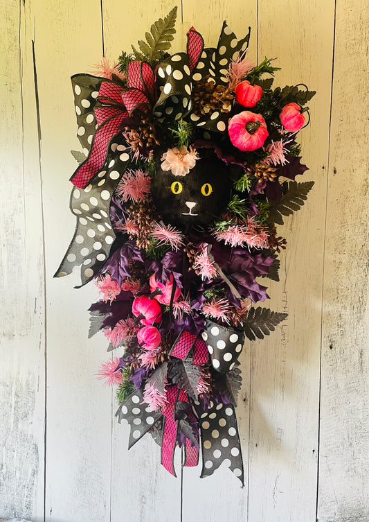 Black Cat Whimsical Pink & Black Halloween Floral Swag