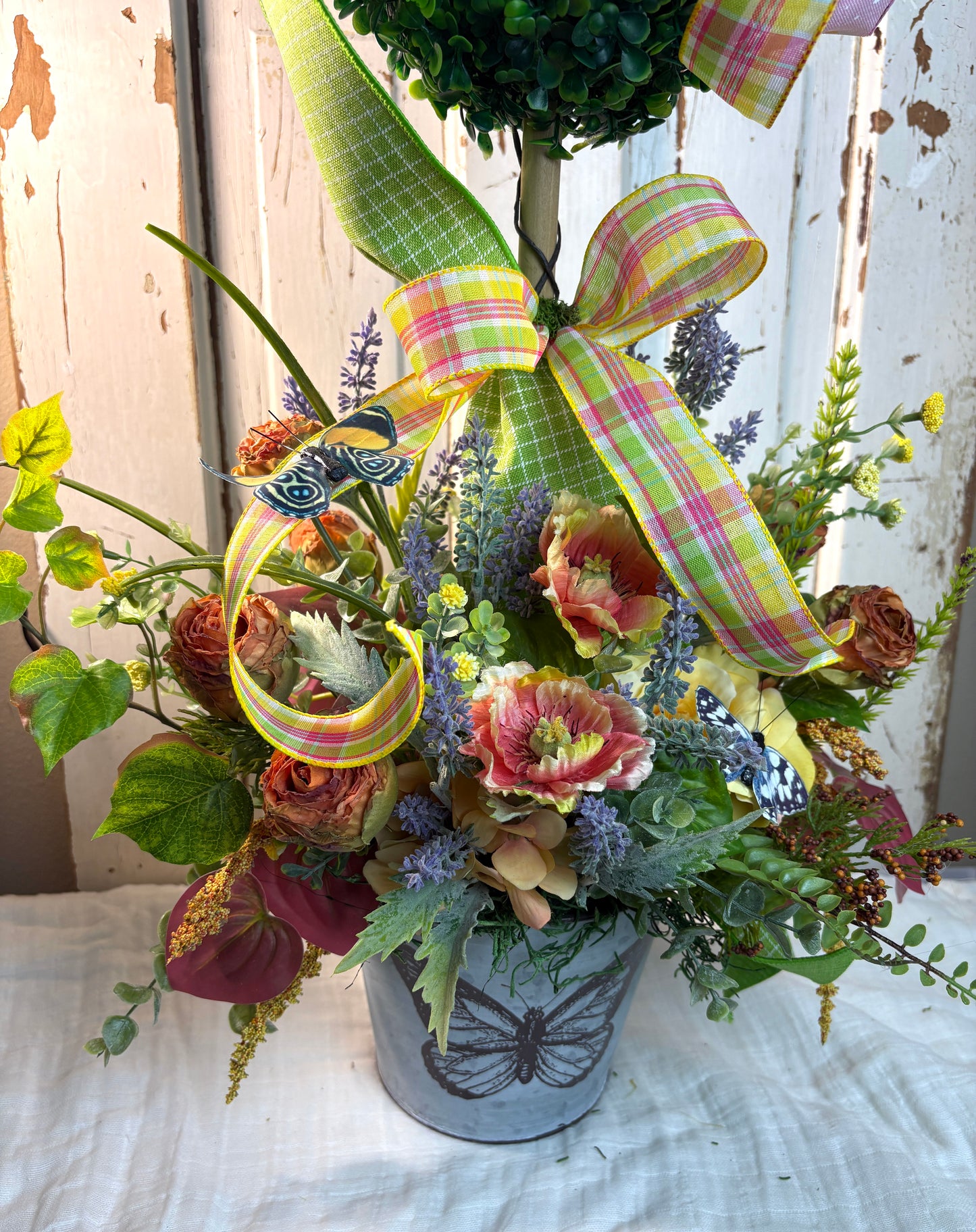Whimsical Spring Floral Topiary with Butterflies & Ribbon | Garden-Inspired Home Decor