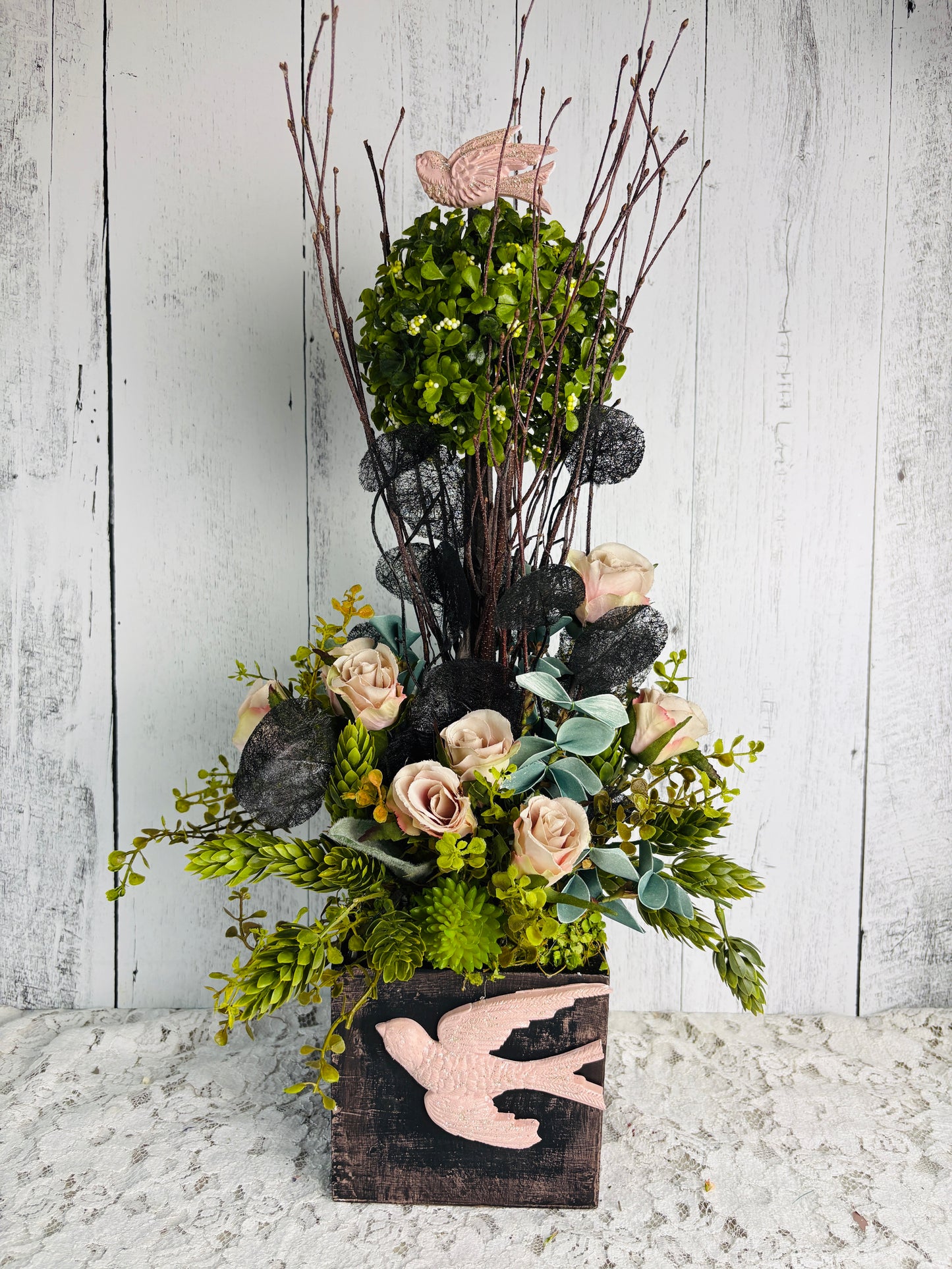 Romantic Bird Topiary – Garden-Inspired Floral Arrangement with Blush Roses & Greenery