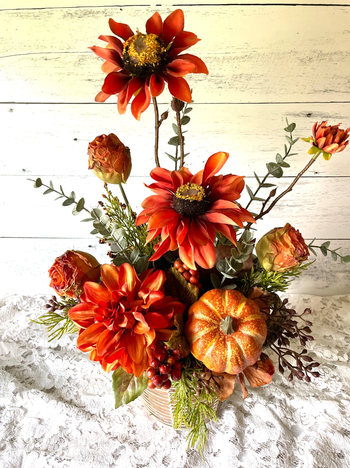 Fall Floral Arrangement with Sunflowers, Pumpkins & Roses – Faux Autumn Centerpiece