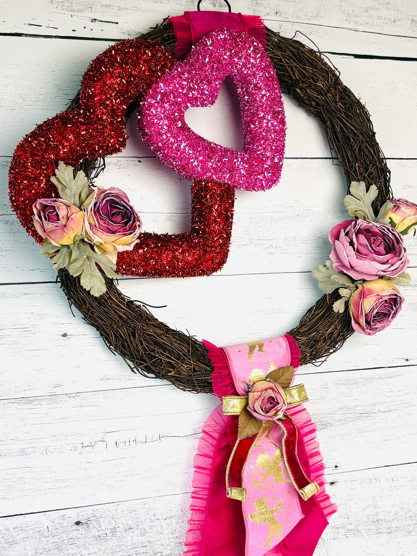 Whimsical Valentine Heart Wreath – Handcrafted Pink & Red Grapevine Door Decor