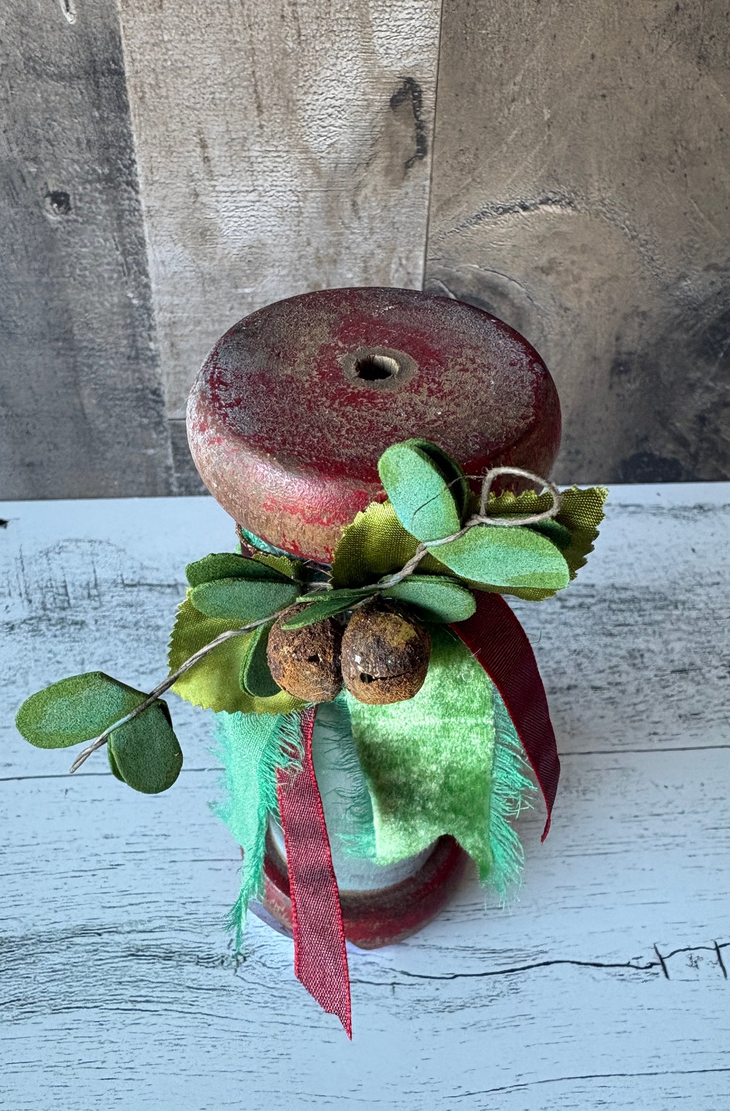 Primitive Christmas Spool Decor with Velvet Ribbon & Rustic Bells