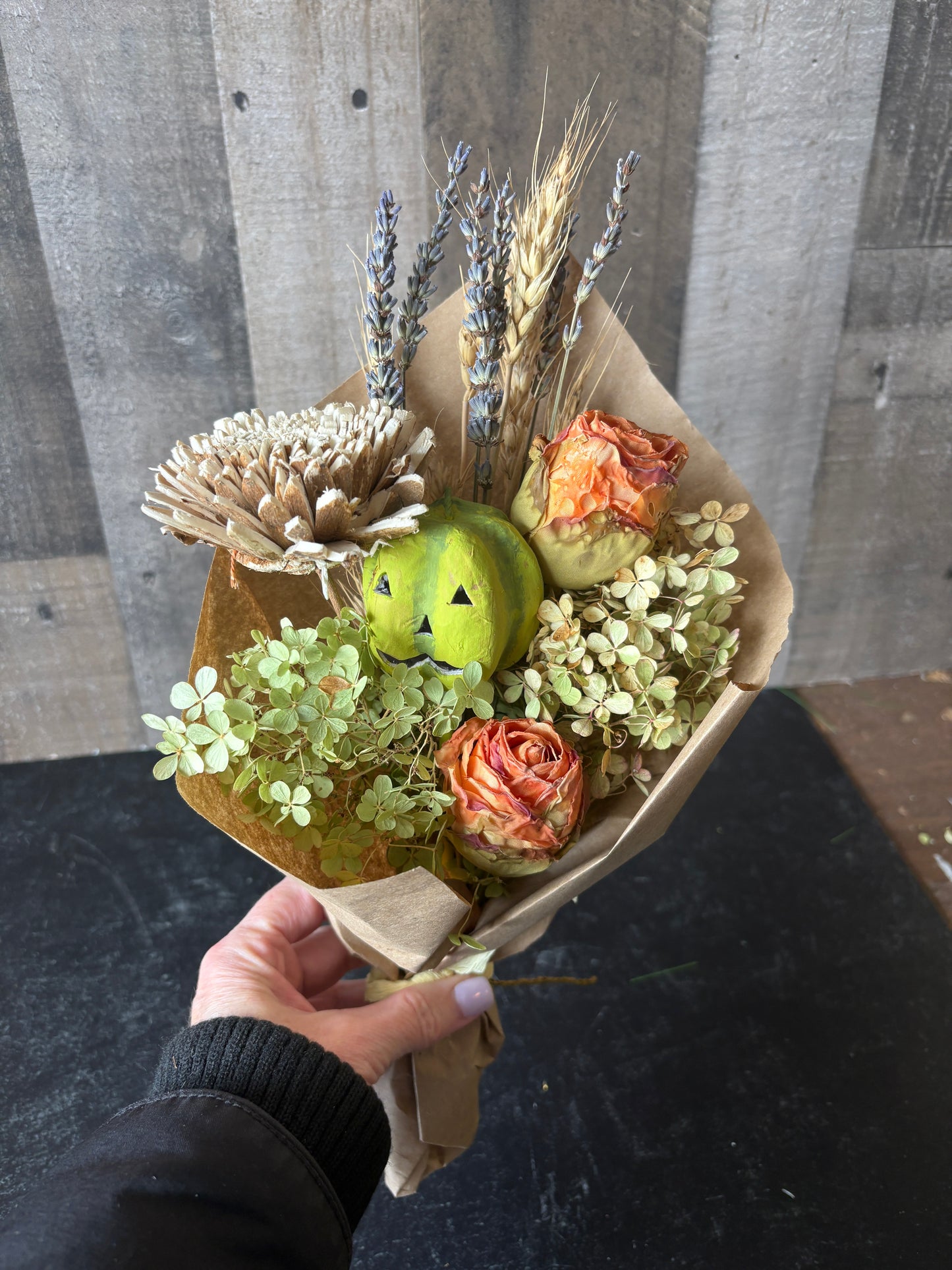 Dried Fall Floral Bouquet with Lavender & Pumpkin Accent | Rustic Autumn Home Decor & Gift