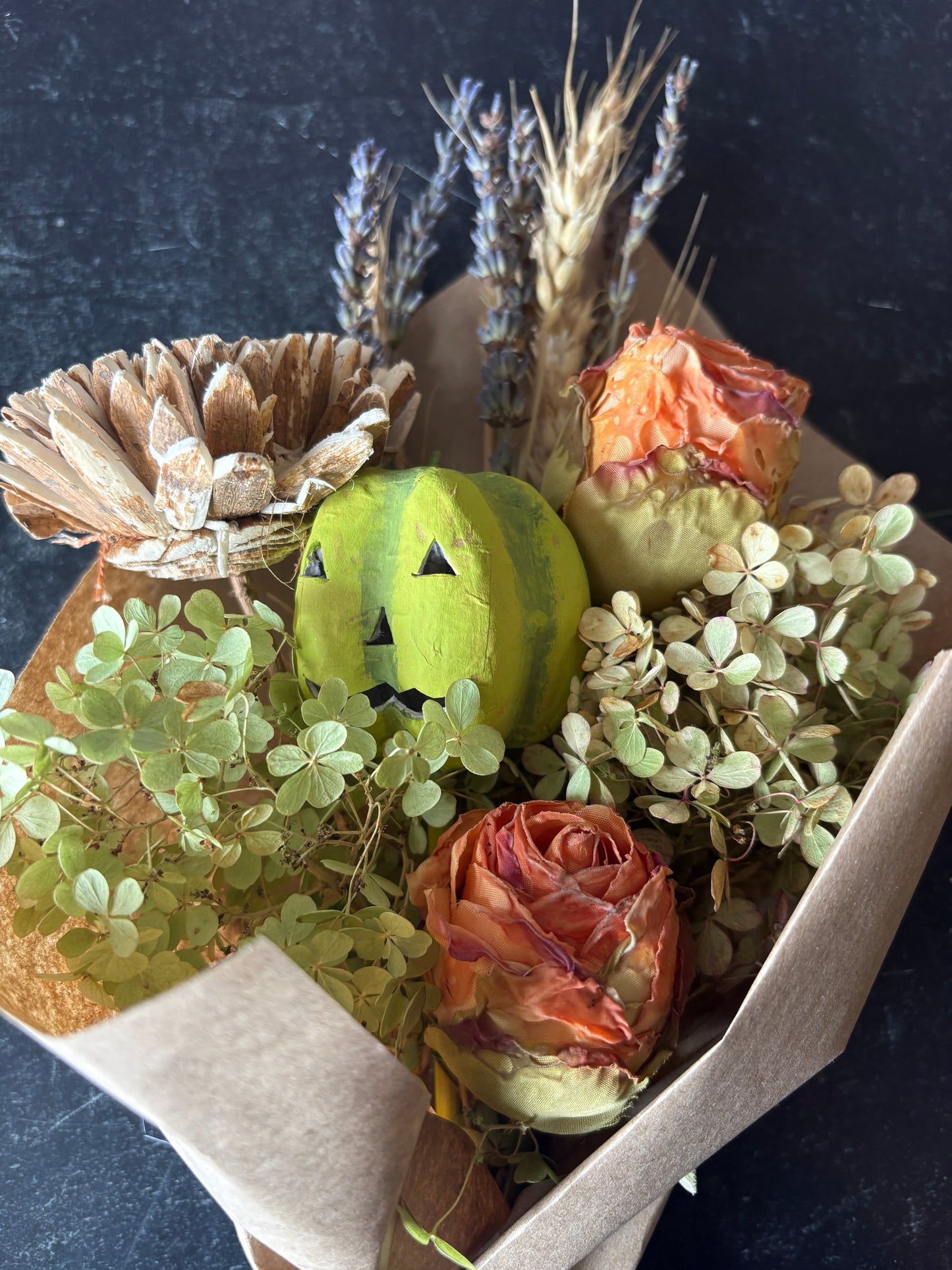 Dried Fall Floral Bouquet with Lavender & Pumpkin Accent | Rustic Autumn Home Decor & Gift