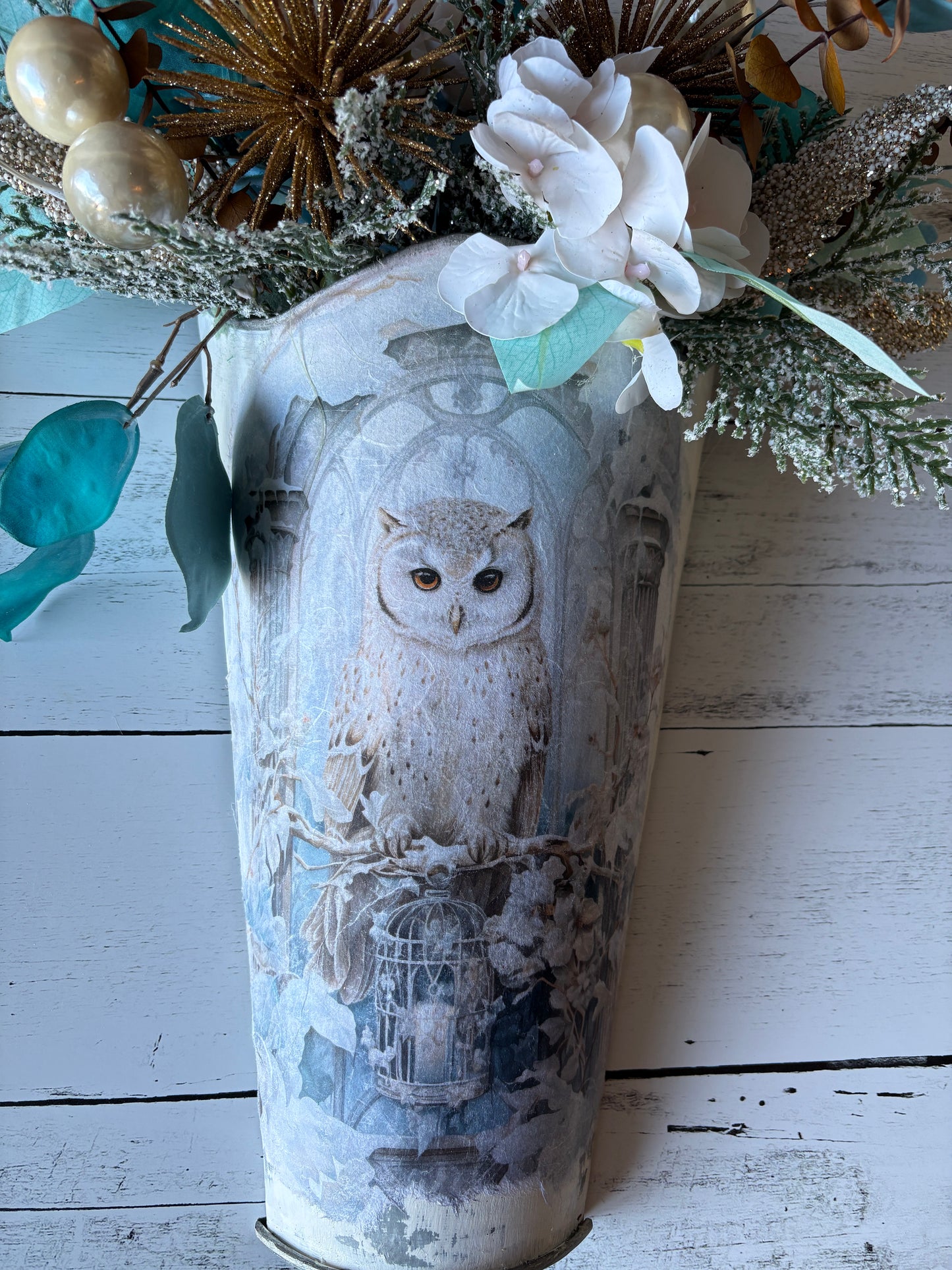 Winter’s Magic Floral Arrangement in Owl Vase | Brushed Gold & Blue Holiday Decor