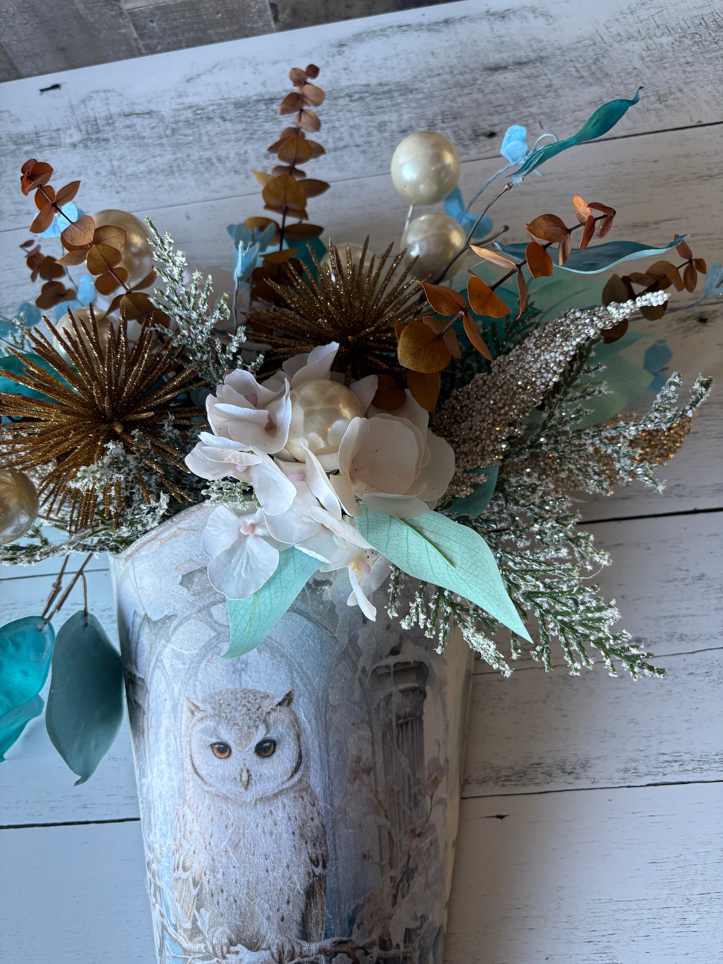 Winter’s Magic Floral Arrangement in Owl Vase | Brushed Gold & Blue Holiday Decor