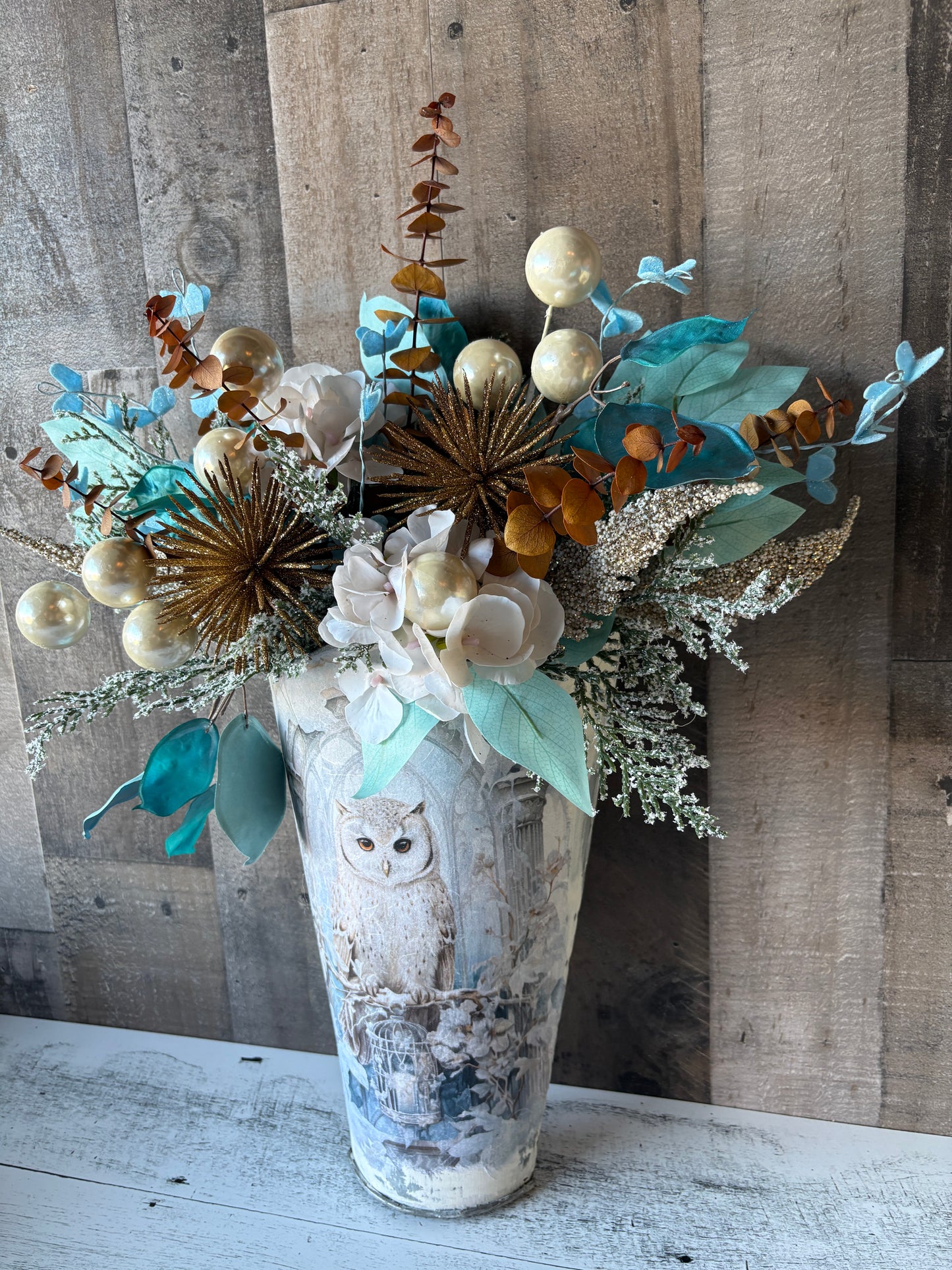 Winter’s Magic Floral Arrangement in Owl Vase | Brushed Gold & Blue Holiday Decor