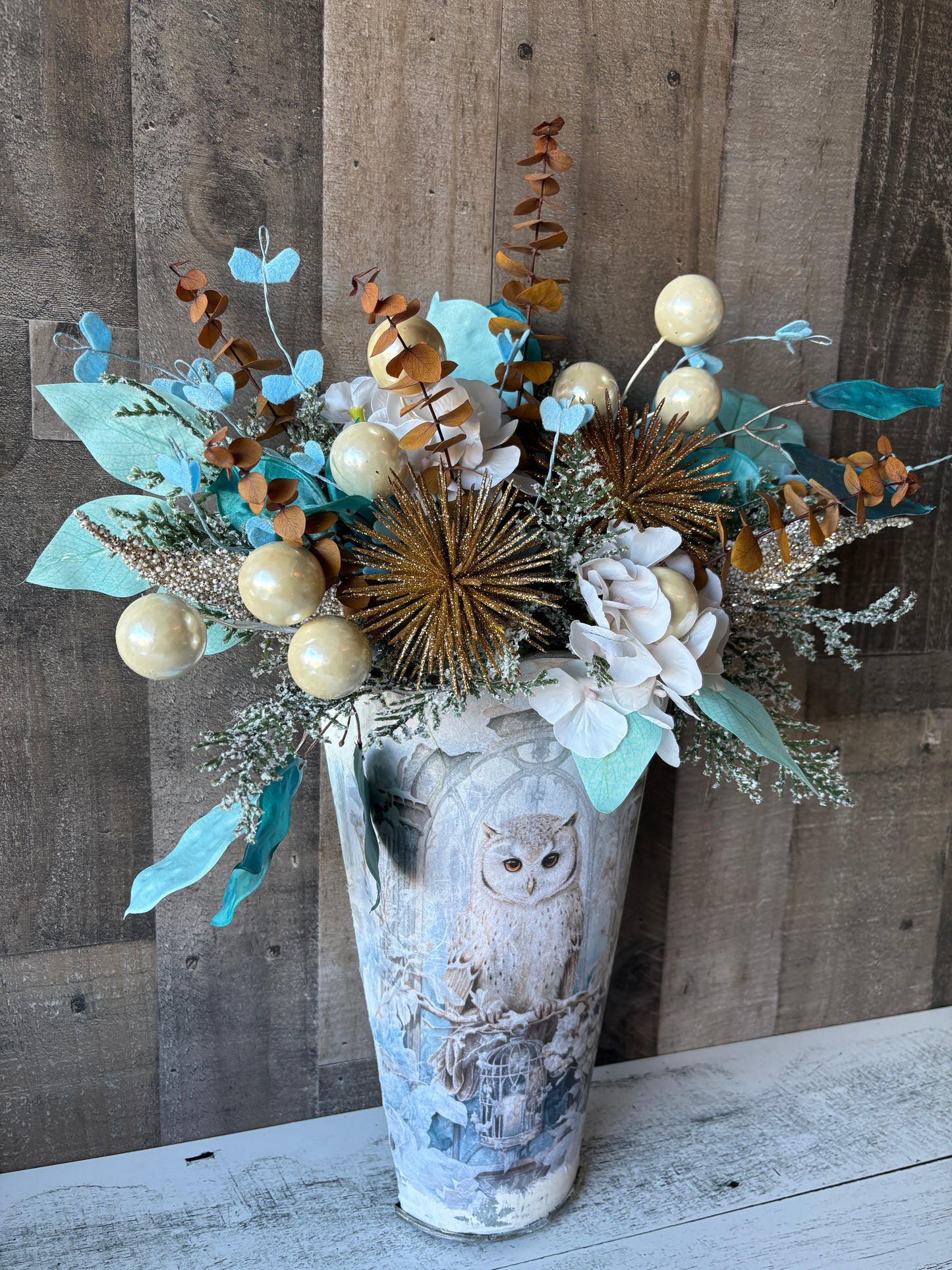 Winter’s Magic Floral Arrangement in Owl Vase | Brushed Gold & Blue Holiday Decor