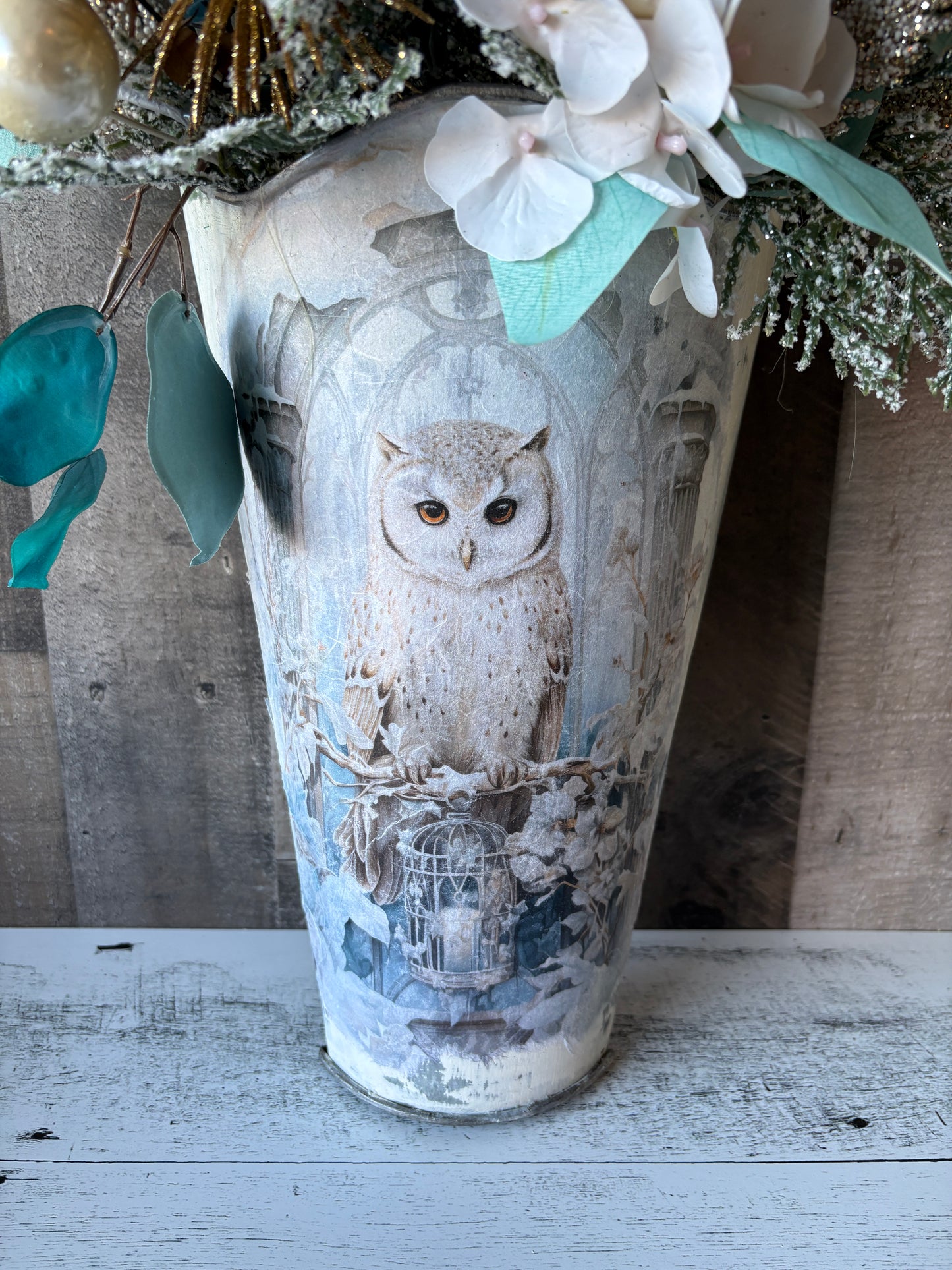 Winter’s Magic Floral Arrangement in Owl Vase | Brushed Gold & Blue Holiday Decor