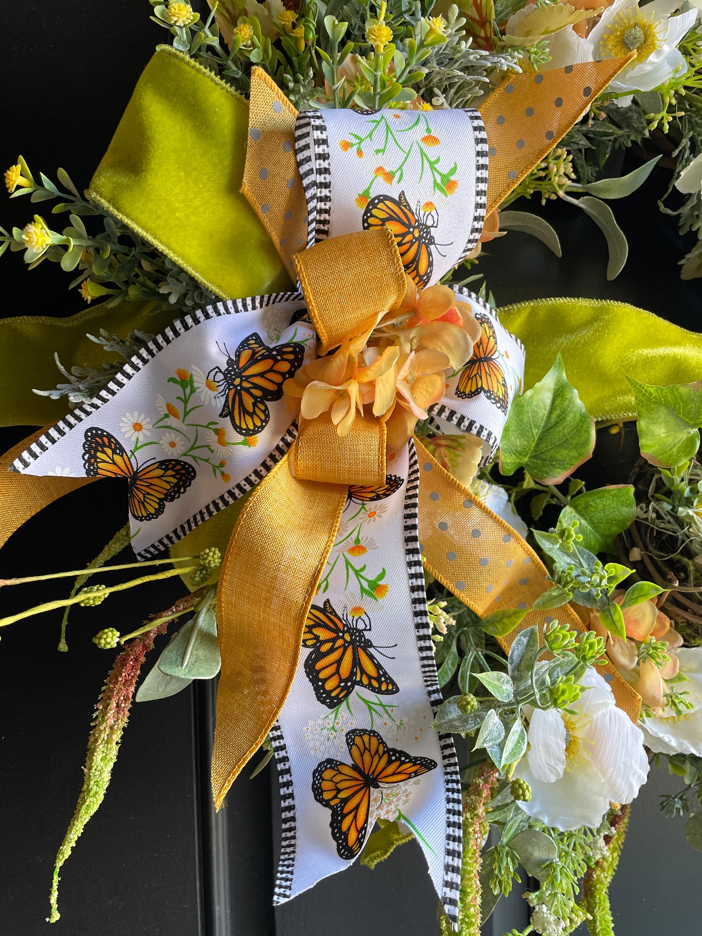 Fall Butterfly Cottage Wreath – Lush Textured Florals with Monarch Ribbon