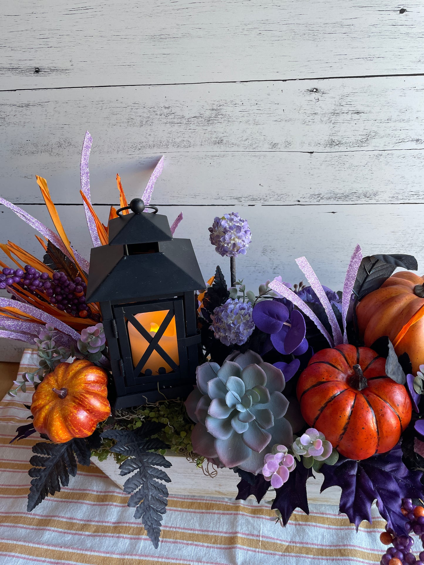 Large Fall Lantern Centerpiece – Pumpkins, Succulents & Sparkling Accents