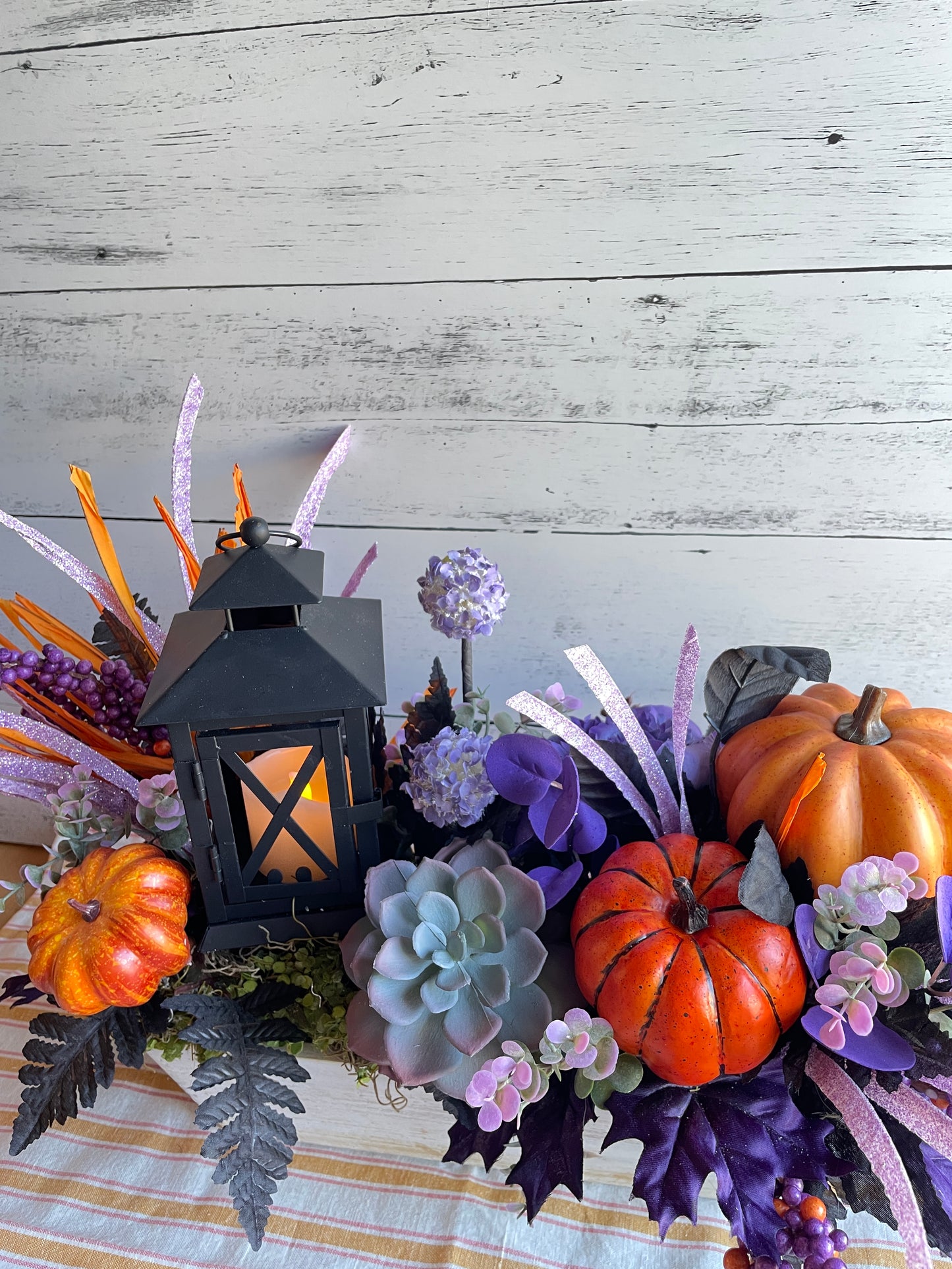 Large Fall Lantern Centerpiece – Pumpkins, Succulents & Sparkling Accents