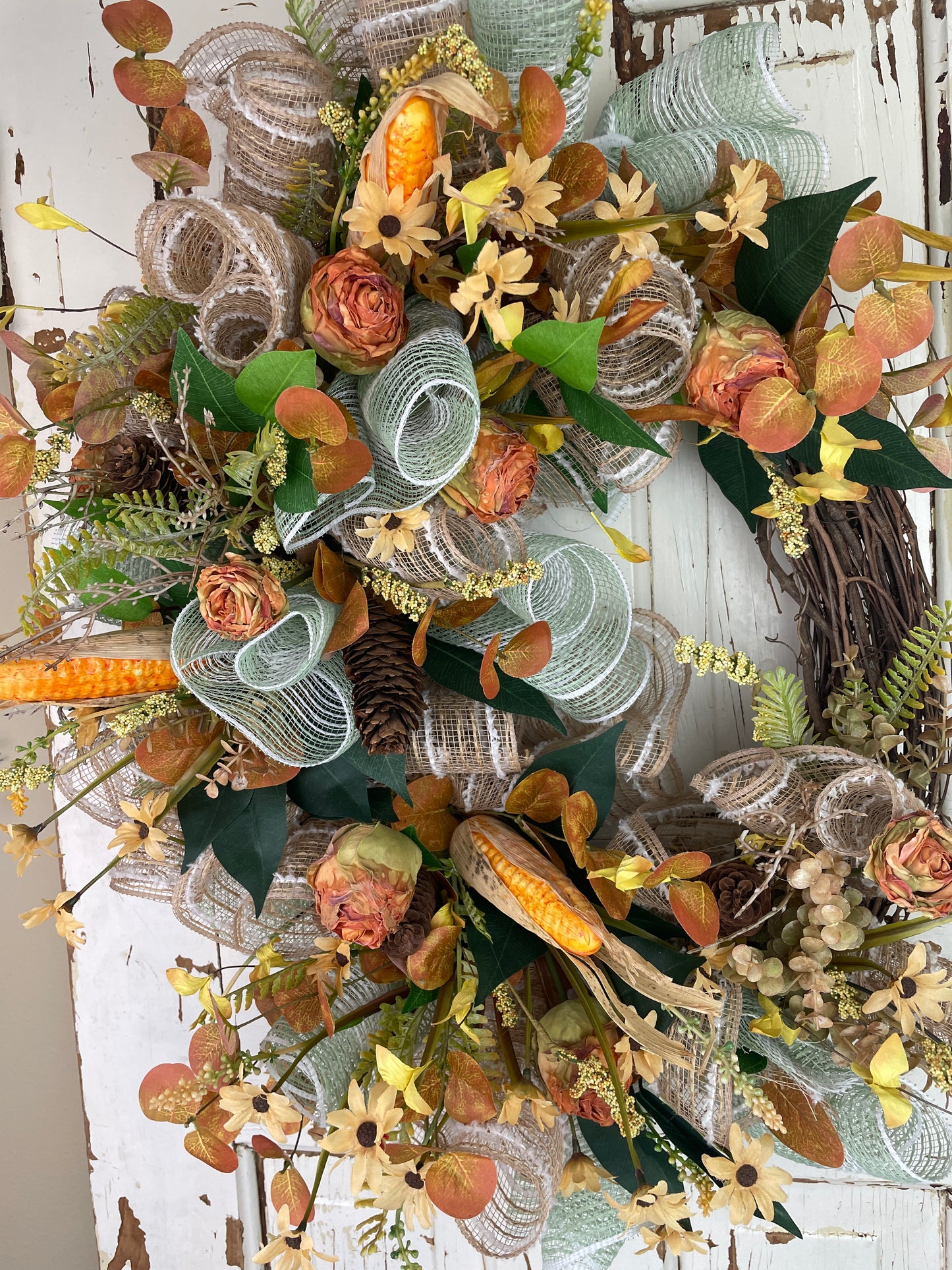 Fall Harvest Corn Wreath – Grapevine Base with Golden Florals & Seasonal Texture