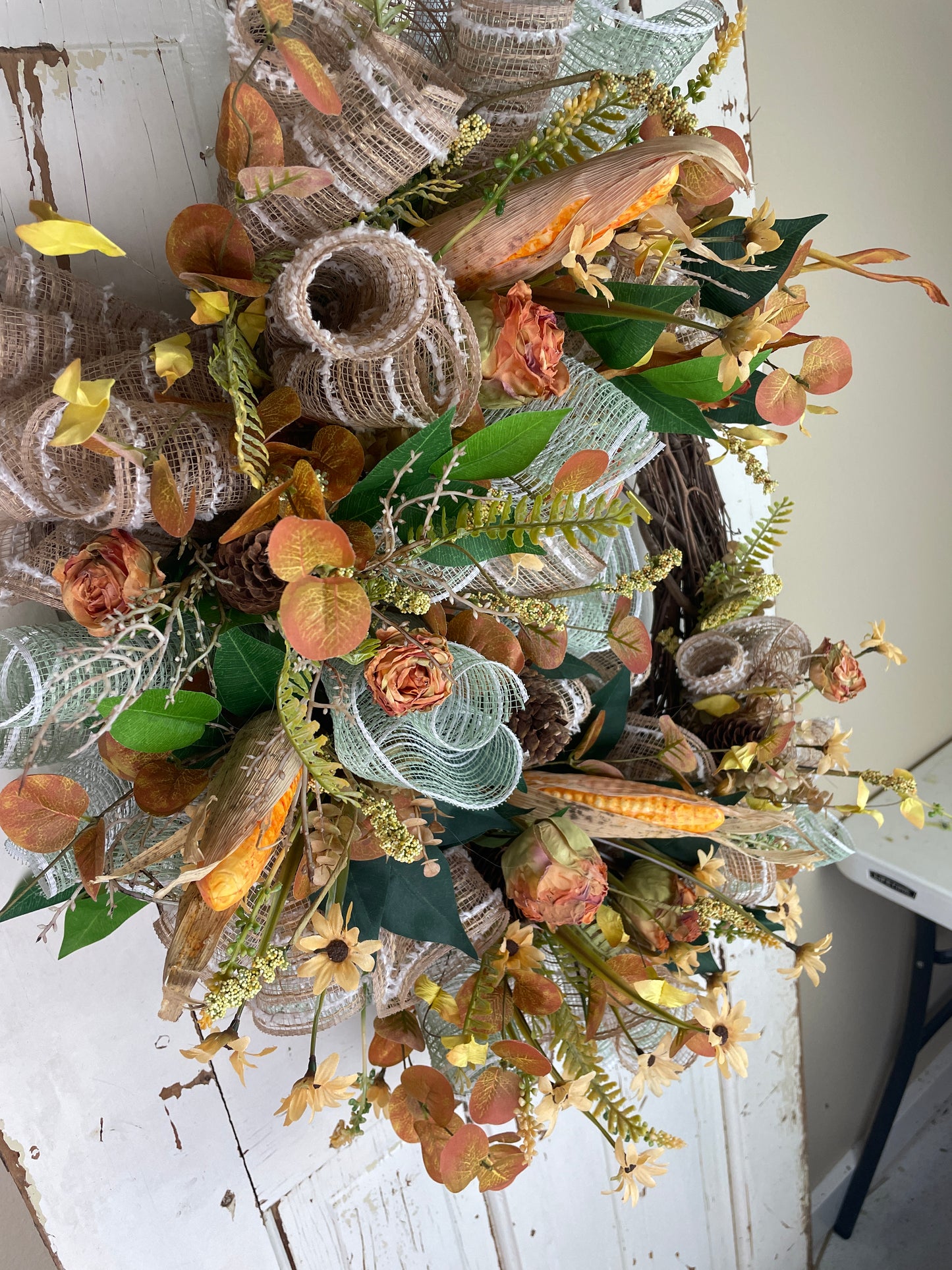 Fall Harvest Corn Wreath – Grapevine Base with Golden Florals & Seasonal Texture