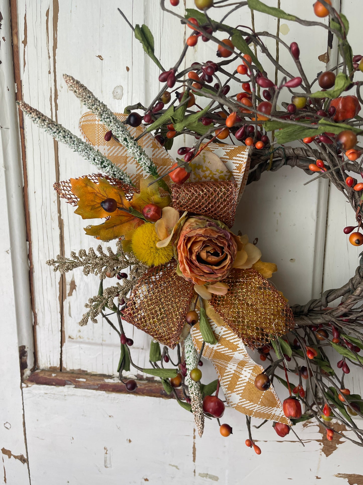 Small Fall Berry Wreath – Orange Roses with Plaid & Glitter Ribbon Accents