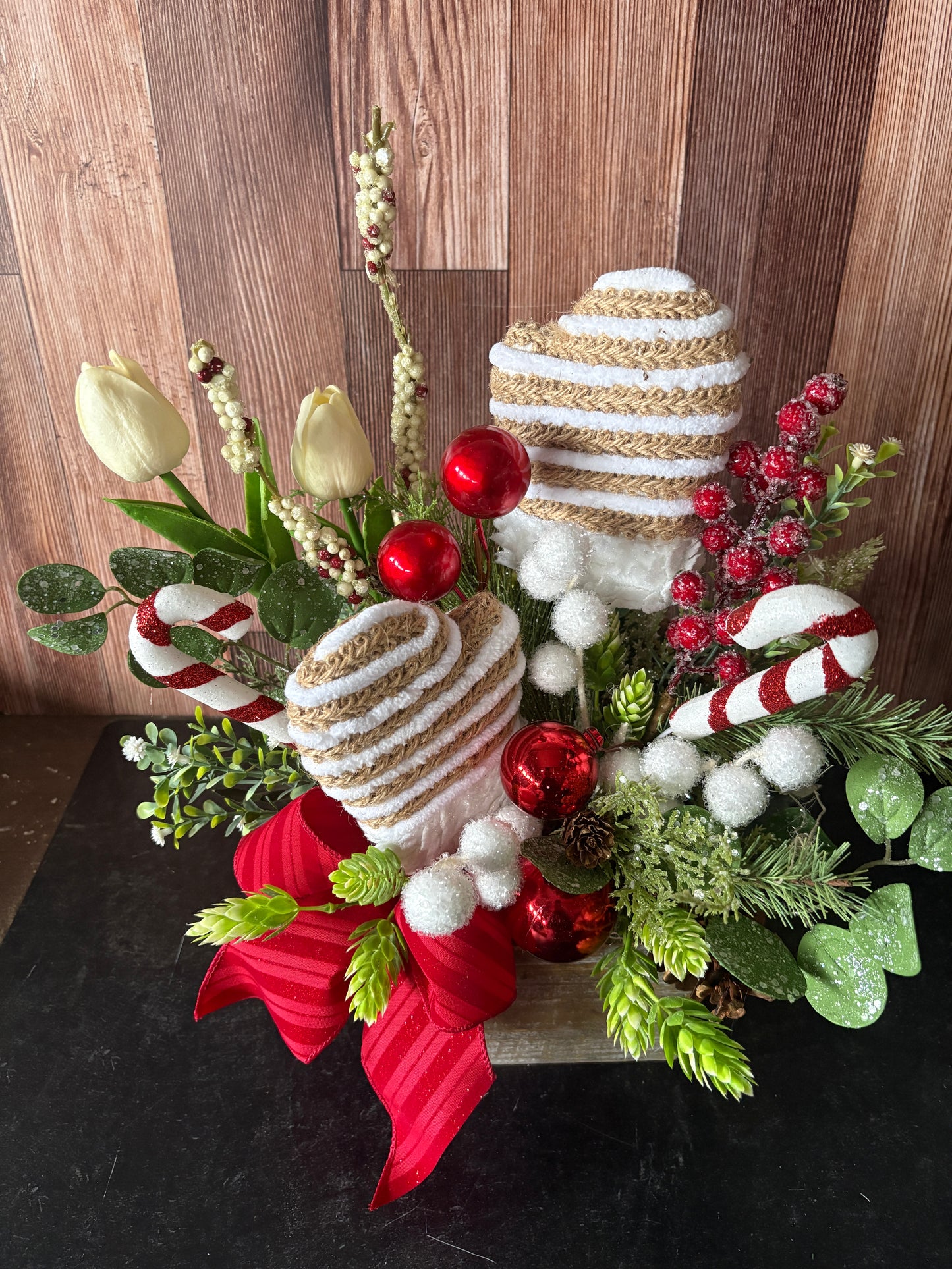 Candy Cane Sugar Plum Holiday Arrangement – Mittens  Christmas Centerpiece in Rustic Wood Box