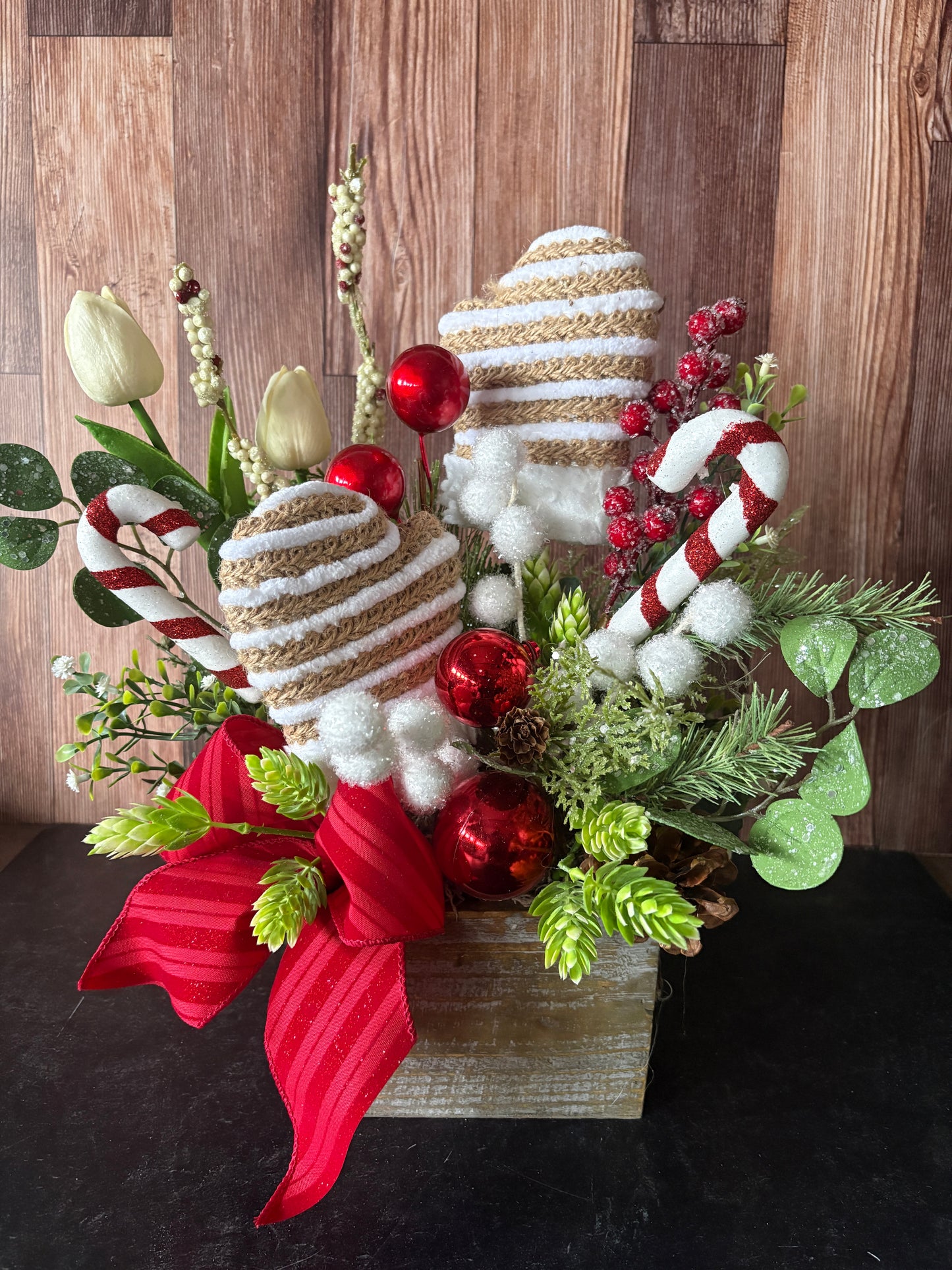 Candy Cane Sugar Plum Holiday Arrangement – Mittens  Christmas Centerpiece in Rustic Wood Box