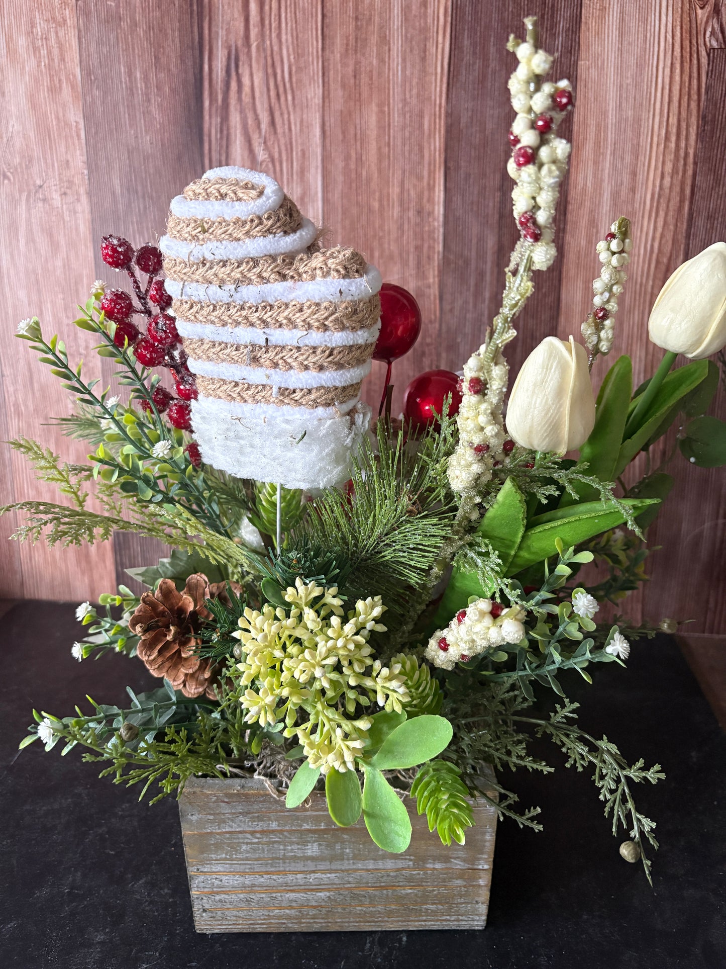 Candy Cane Sugar Plum Holiday Arrangement – Mittens  Christmas Centerpiece in Rustic Wood Box
