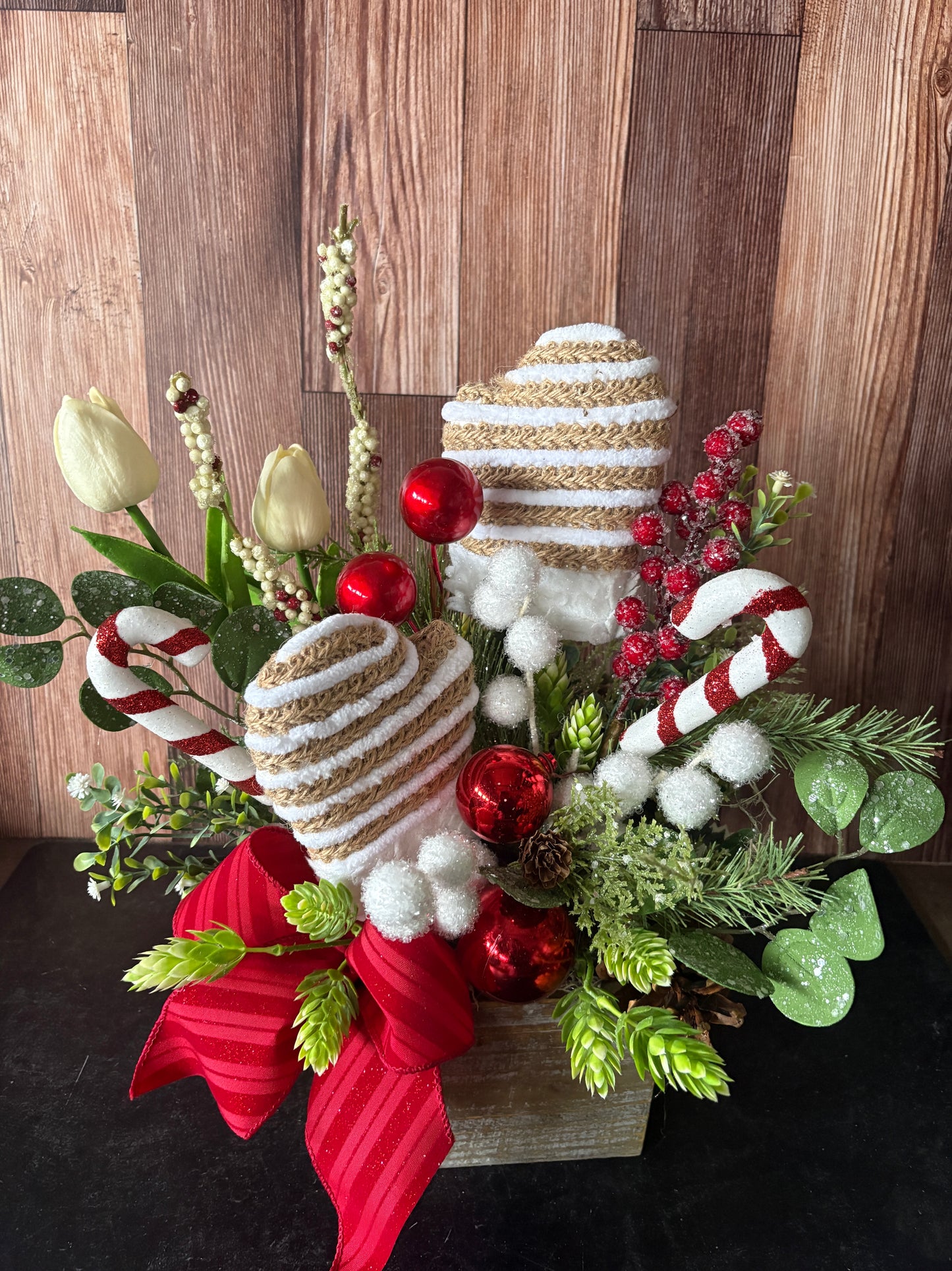 Candy Cane Sugar Plum Holiday Arrangement – Mittens  Christmas Centerpiece in Rustic Wood Box