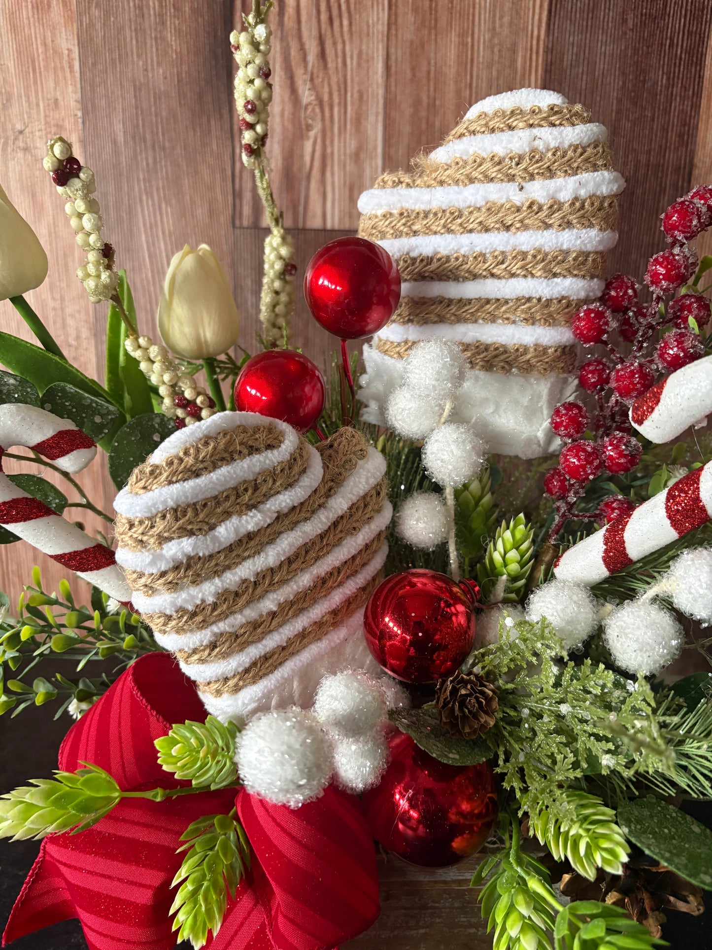 Candy Cane Sugar Plum Holiday Arrangement – Mittens  Christmas Centerpiece in Rustic Wood Box