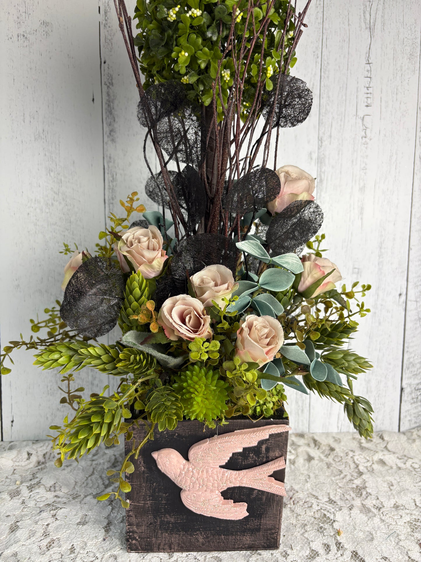Romantic Bird Topiary – Garden-Inspired Floral Arrangement with Blush Roses & Greenery