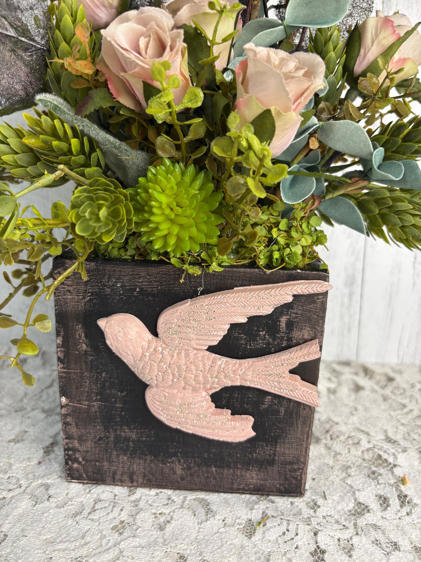 Romantic Bird Topiary – Garden-Inspired Floral Arrangement with Blush Roses & Greenery