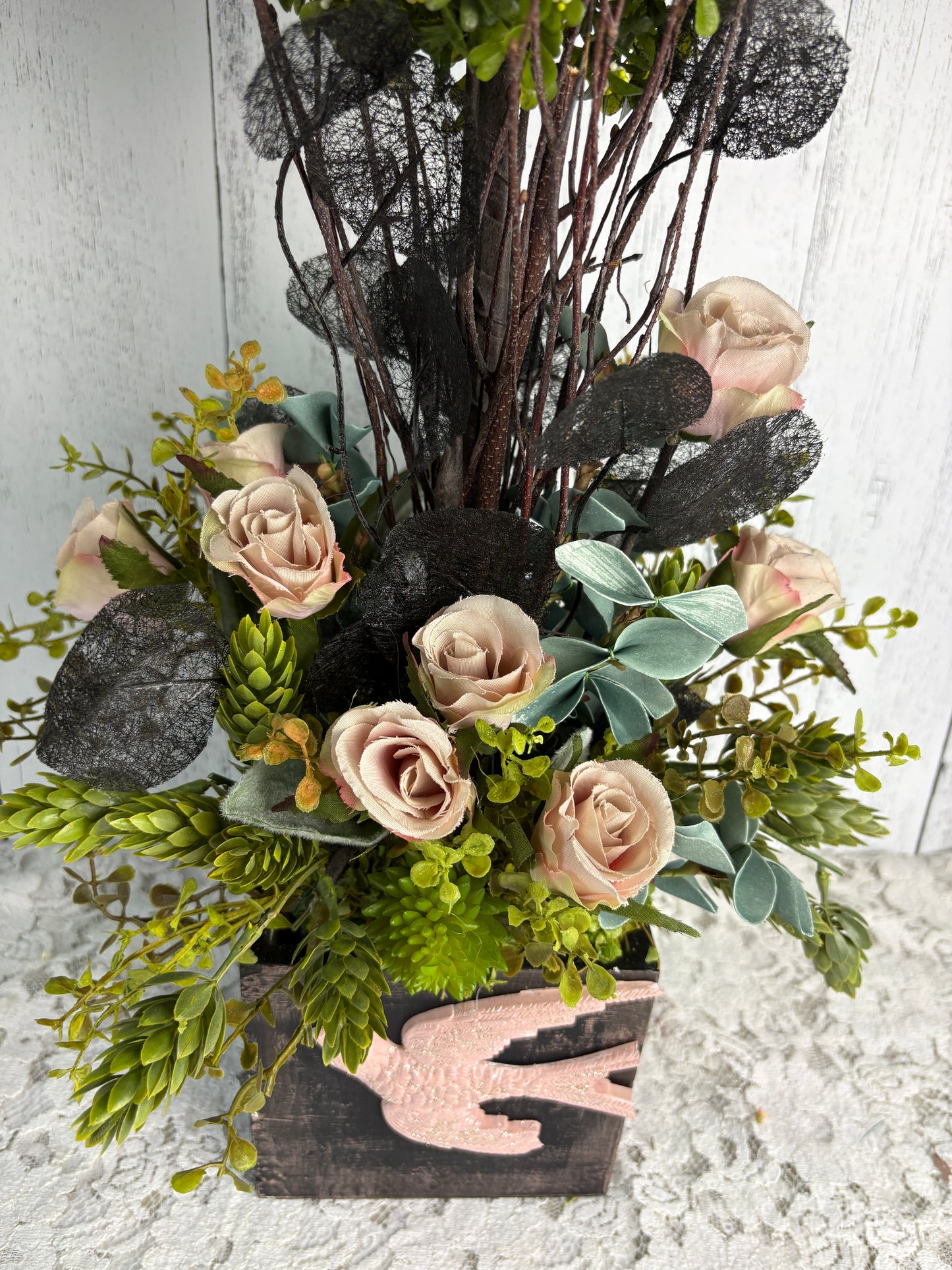 Romantic Bird Topiary – Garden-Inspired Floral Arrangement with Blush Roses & Greenery